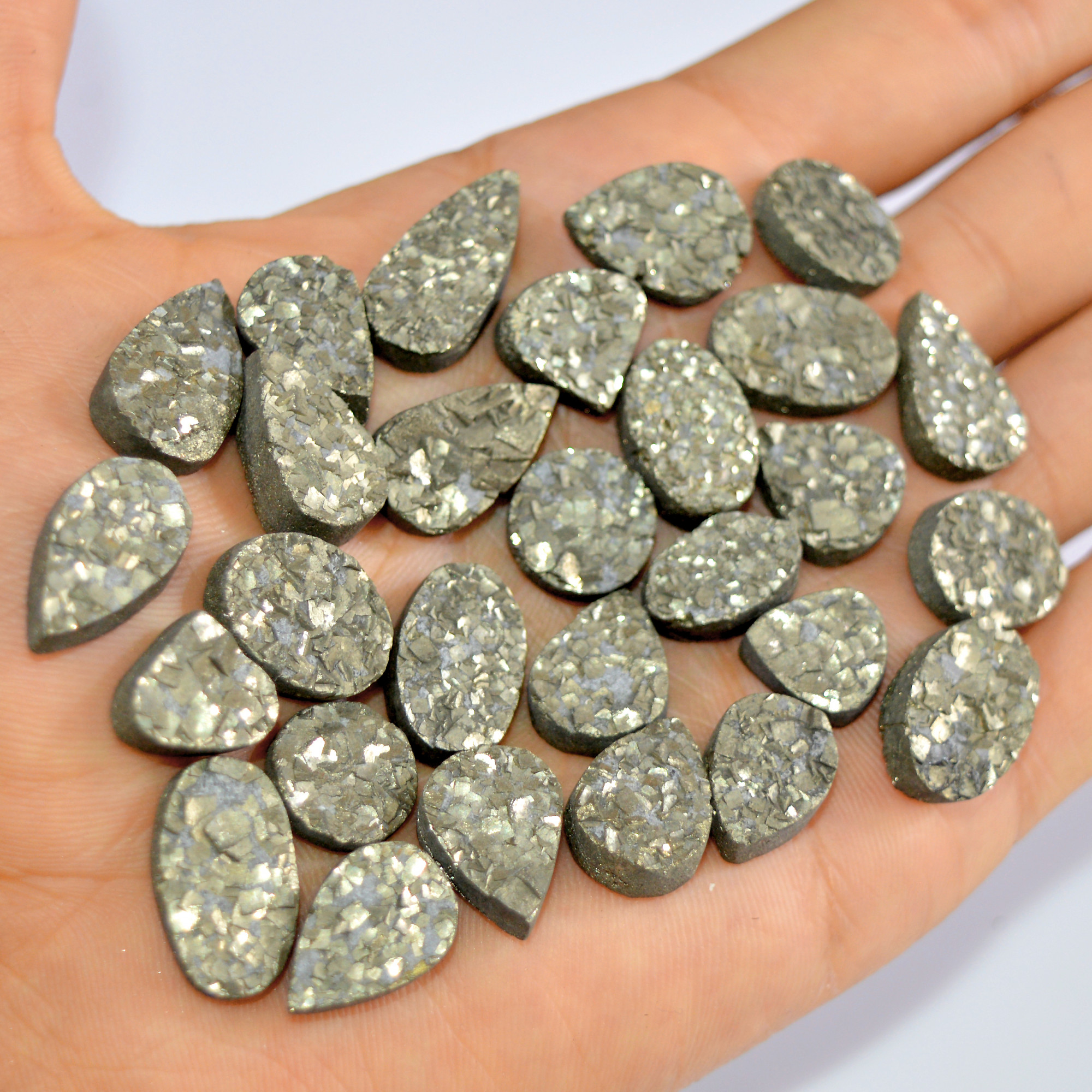 28 Pcs 478 Cts Natural Pyrite Druzy Loose Gemstone Lot Healing Crystal For Jewelry Making Semi-Precious Gemstones 20x10 12x10mm 16165