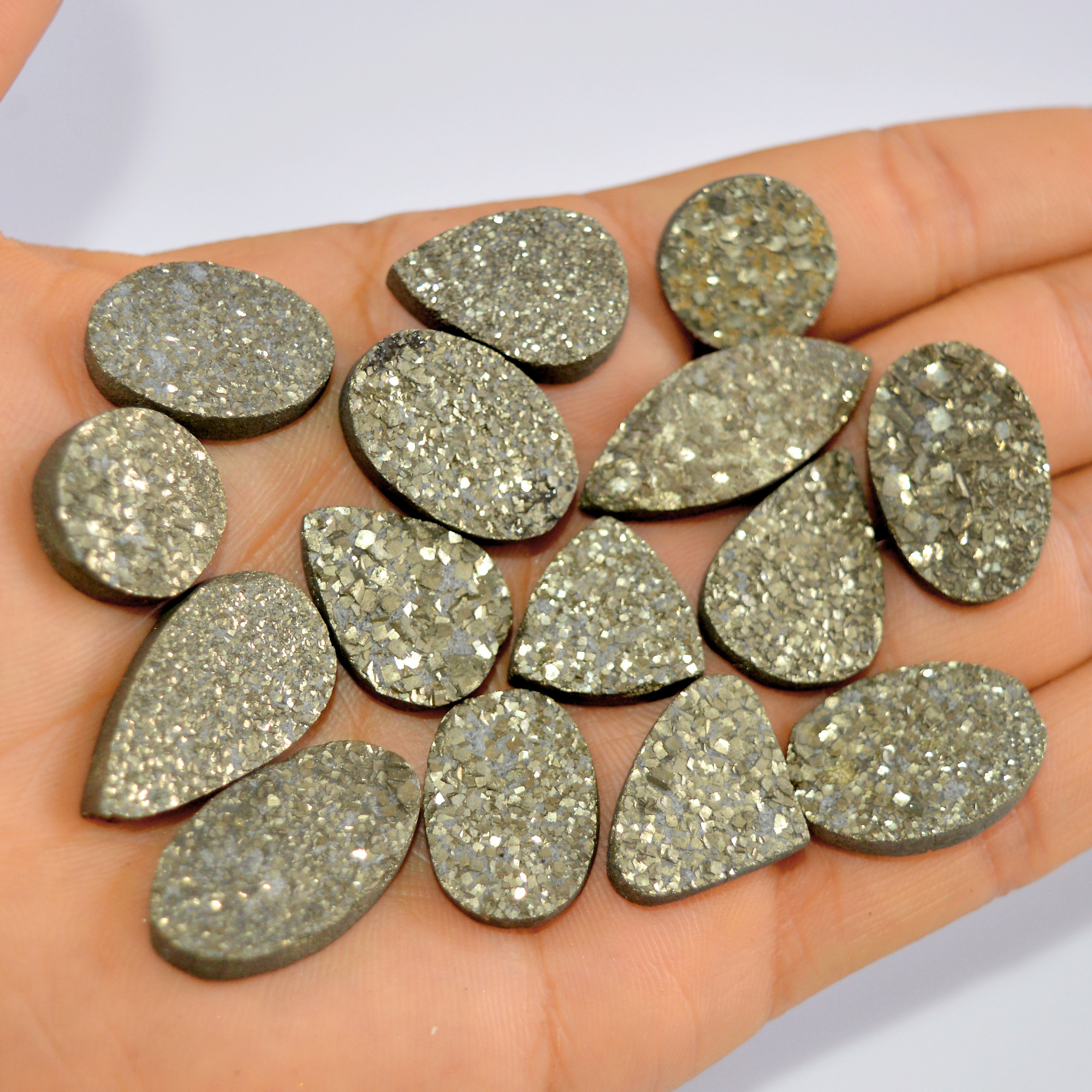 15 Pcs 432 Cts Natural Pyrite Druzy Loose Gemstone Lot Healing Crystal For Jewelry Making Semi-Precious Gemstones 30x11 15x15mm 16169