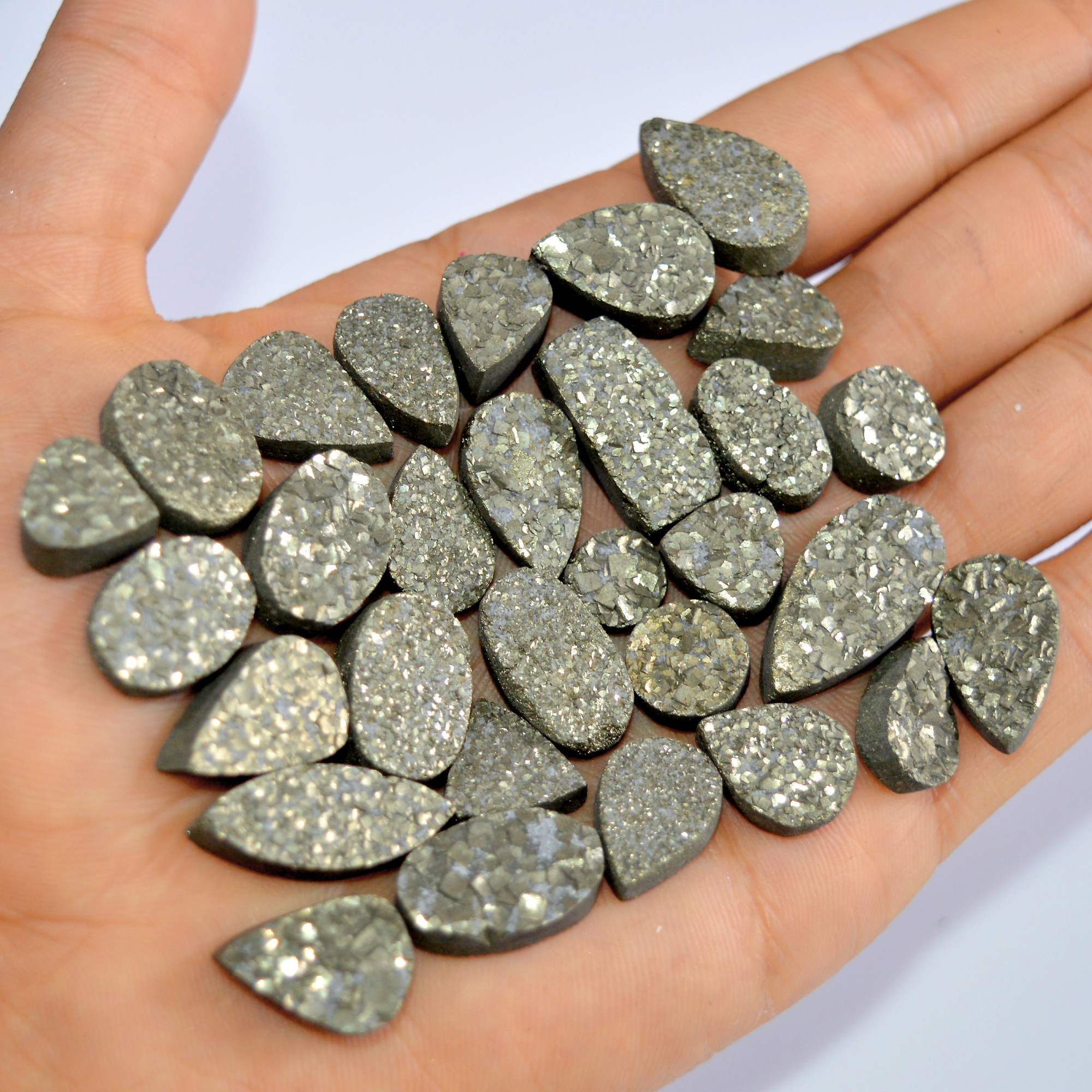 30 Pcs 582 Cts Natural Pyrite Druzy Loose Gemstone Lot Healing Crystal For Jewelry Making Semi-Precious Gemstones 25x10 10x10mm 16171