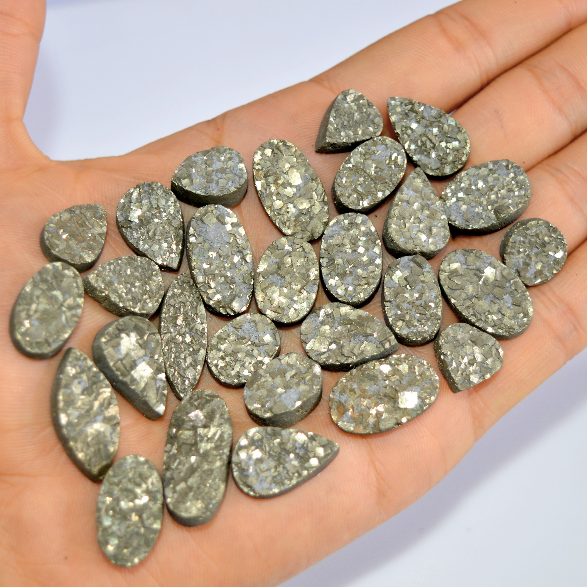 29 Pcs 524 Cts Natural Pyrite Druzy Loose Gemstone Lot Healing Crystal For Jewelry Making Semi-Precious Gemstones 25x10 11x11mm 16172