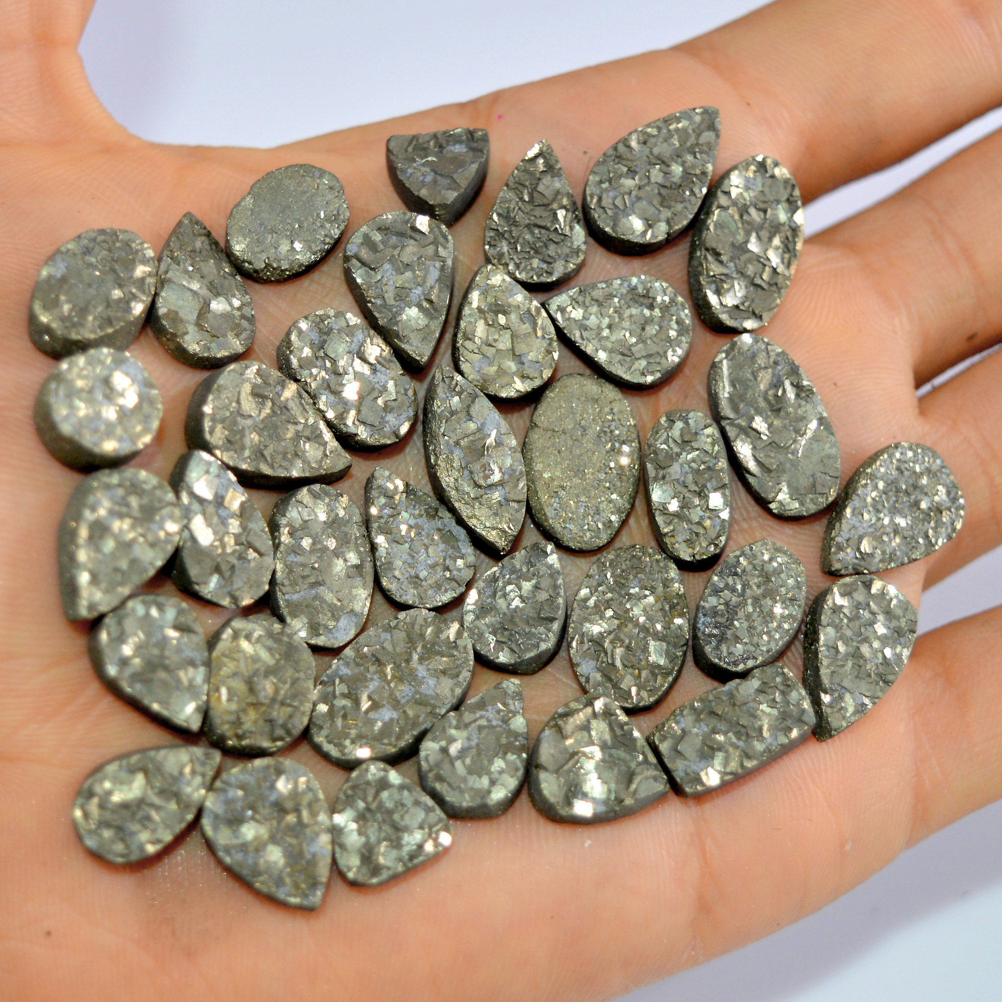 26 Pcs 383 Cts Natural Pyrite Druzy Loose Gemstone Lot Healing Crystal For Jewelry Making Semi-Precious Gemstones 18x10 10x10mm 16173