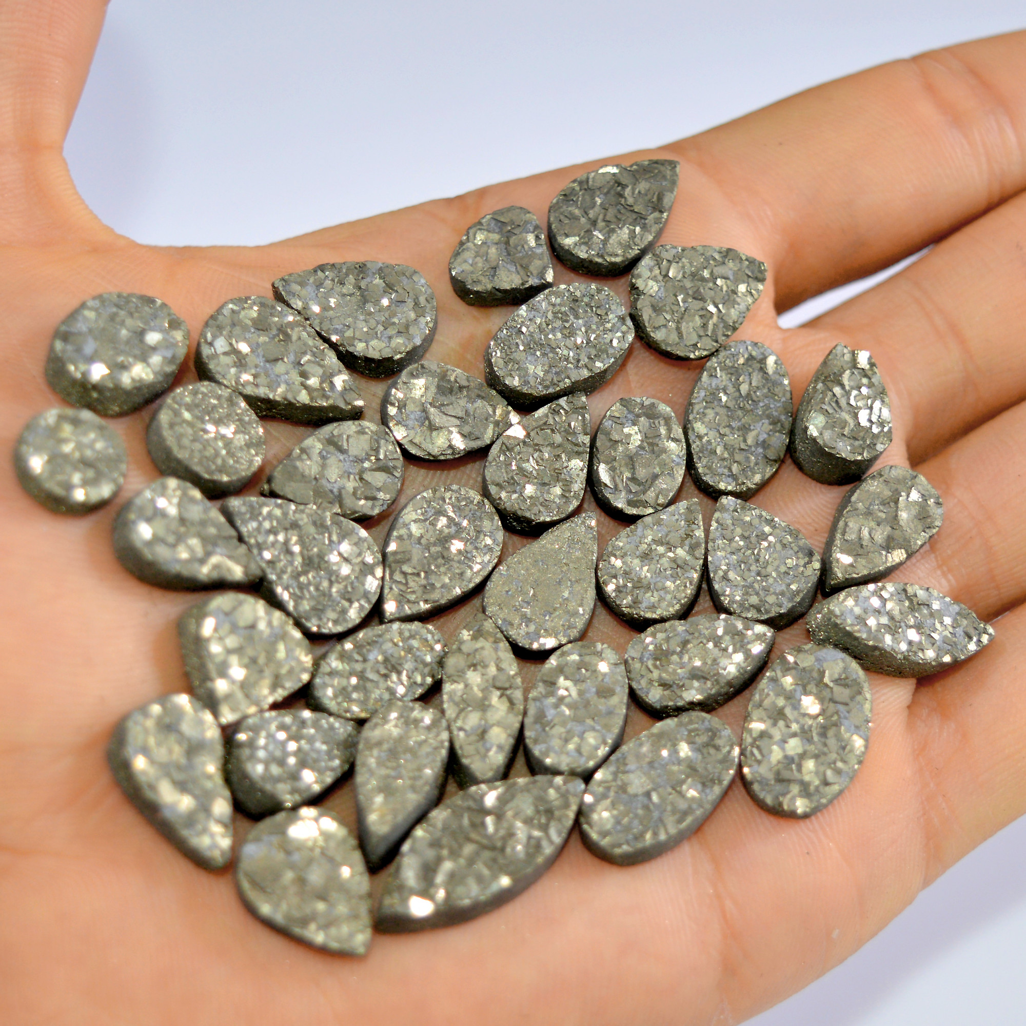 35 Pcs 389 Cts Natural Pyrite Druzy Loose Gemstone Lot Healing Crystal For Jewelry Making Semi-Precious Gemstones 20x10 10x10mm 16174