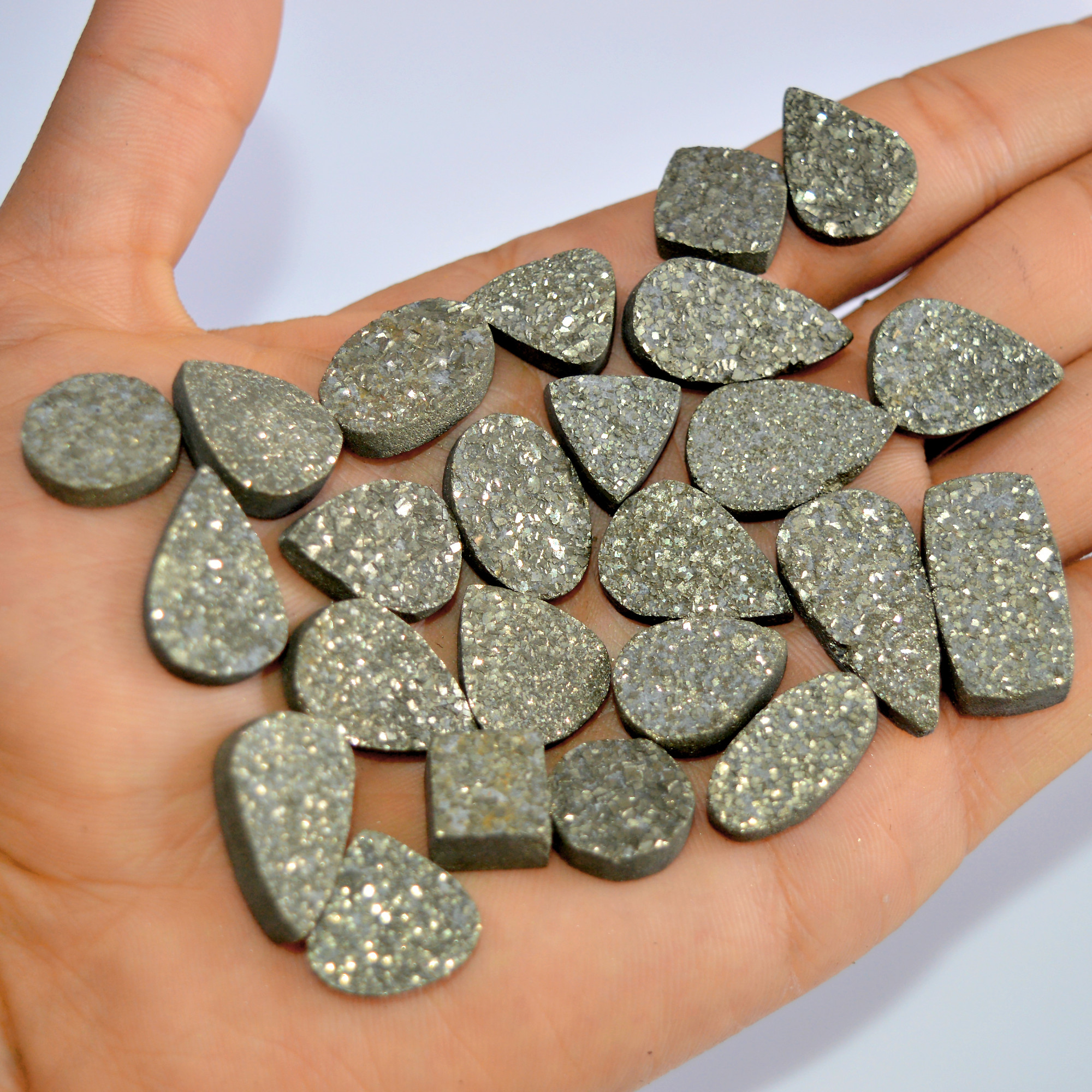 24 Pcs 552 Cts Natural Pyrite Druzy Loose Gemstone Lot Healing Crystal For Jewelry Making Semi-Precious Gemstones 25x13 10x10mm 16176