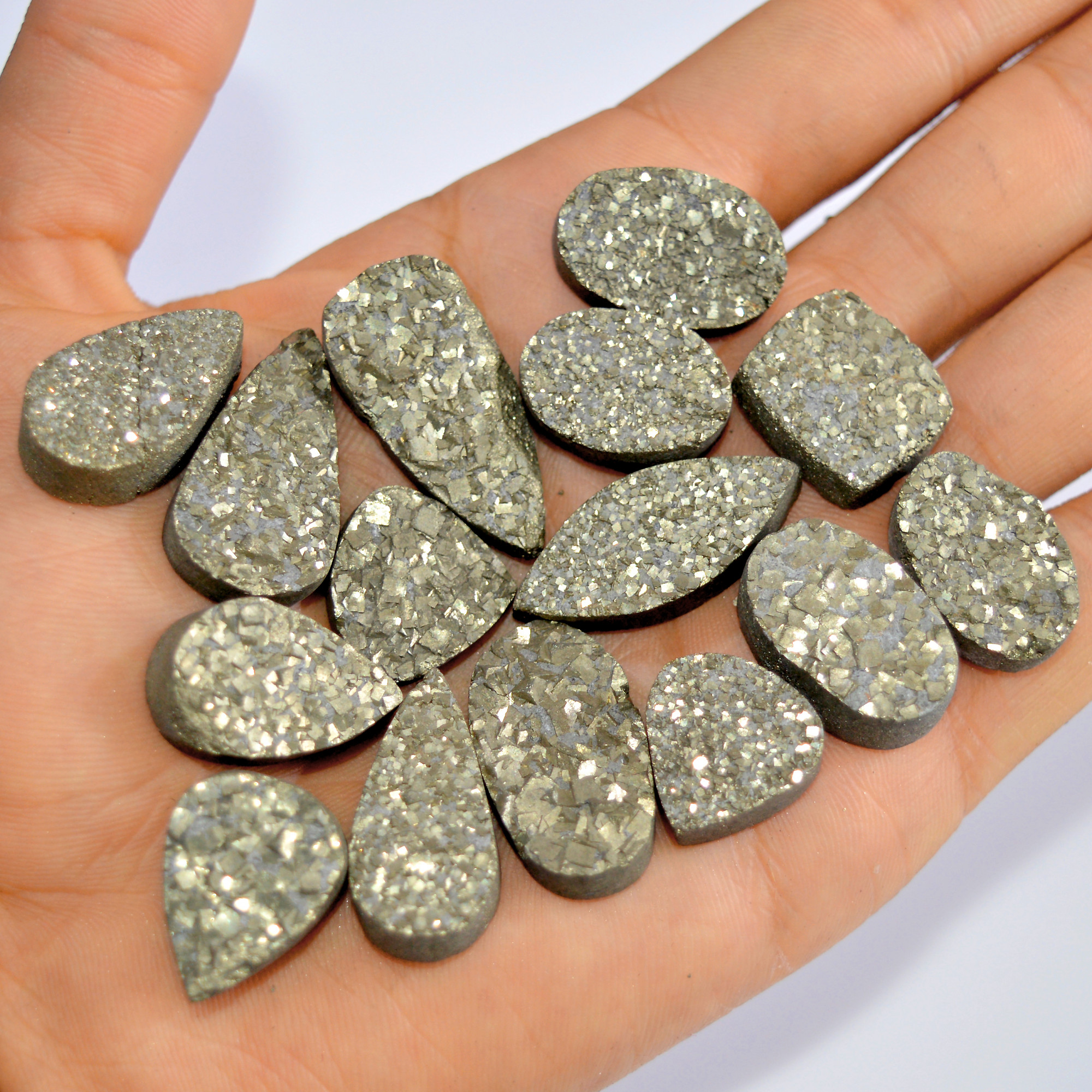 15 Pcs 612 Cts Natural Pyrite Druzy Loose Gemstone Lot Healing Crystal For Jewelry Making Semi-Precious Gemstones 30x14 15x15mm 16178