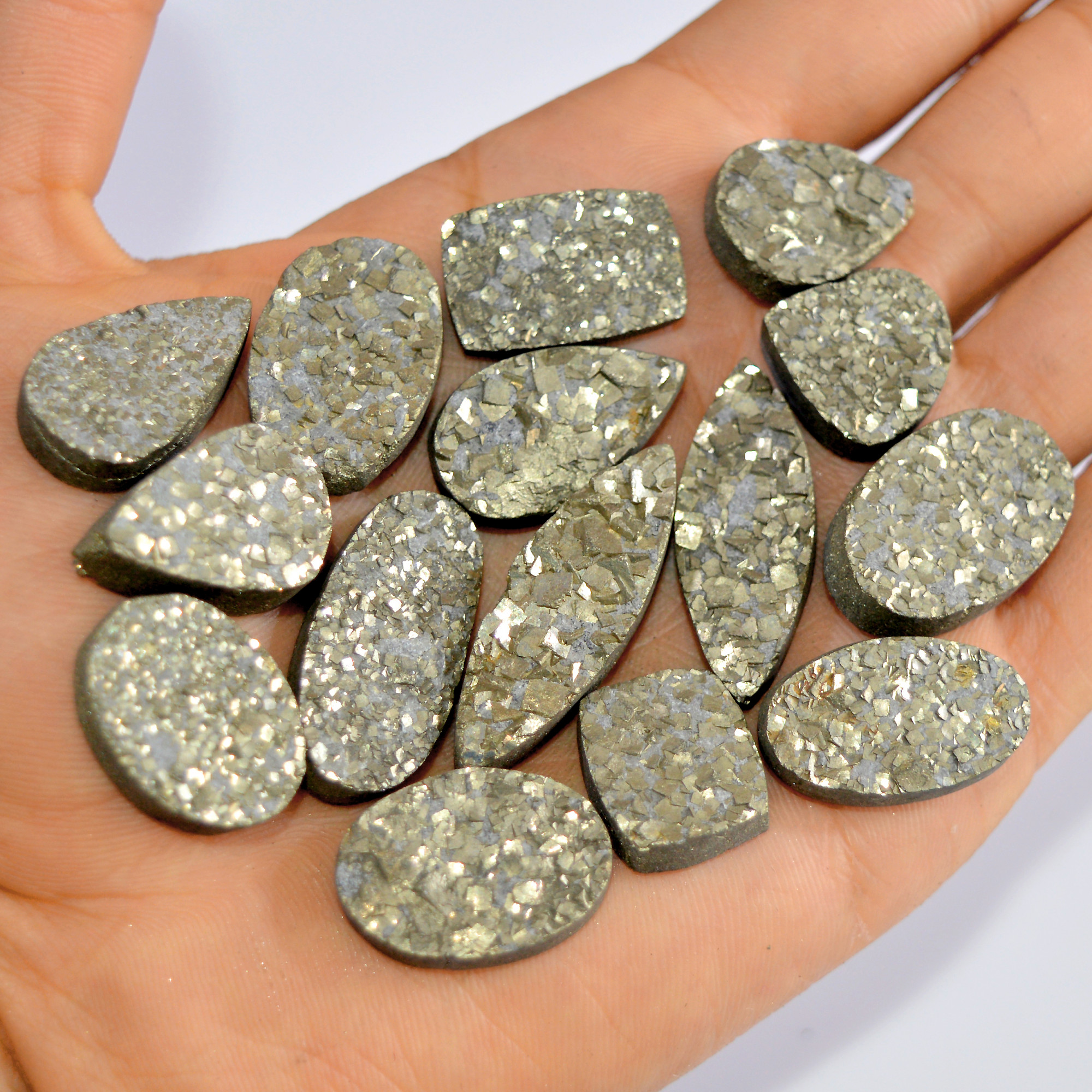 15 Pcs 581 Cts Natural Pyrite Druzy Loose Gemstone Lot Healing Crystal For Jewelry Making Semi-Precious Gemstones 35x10 15x13mm 16179