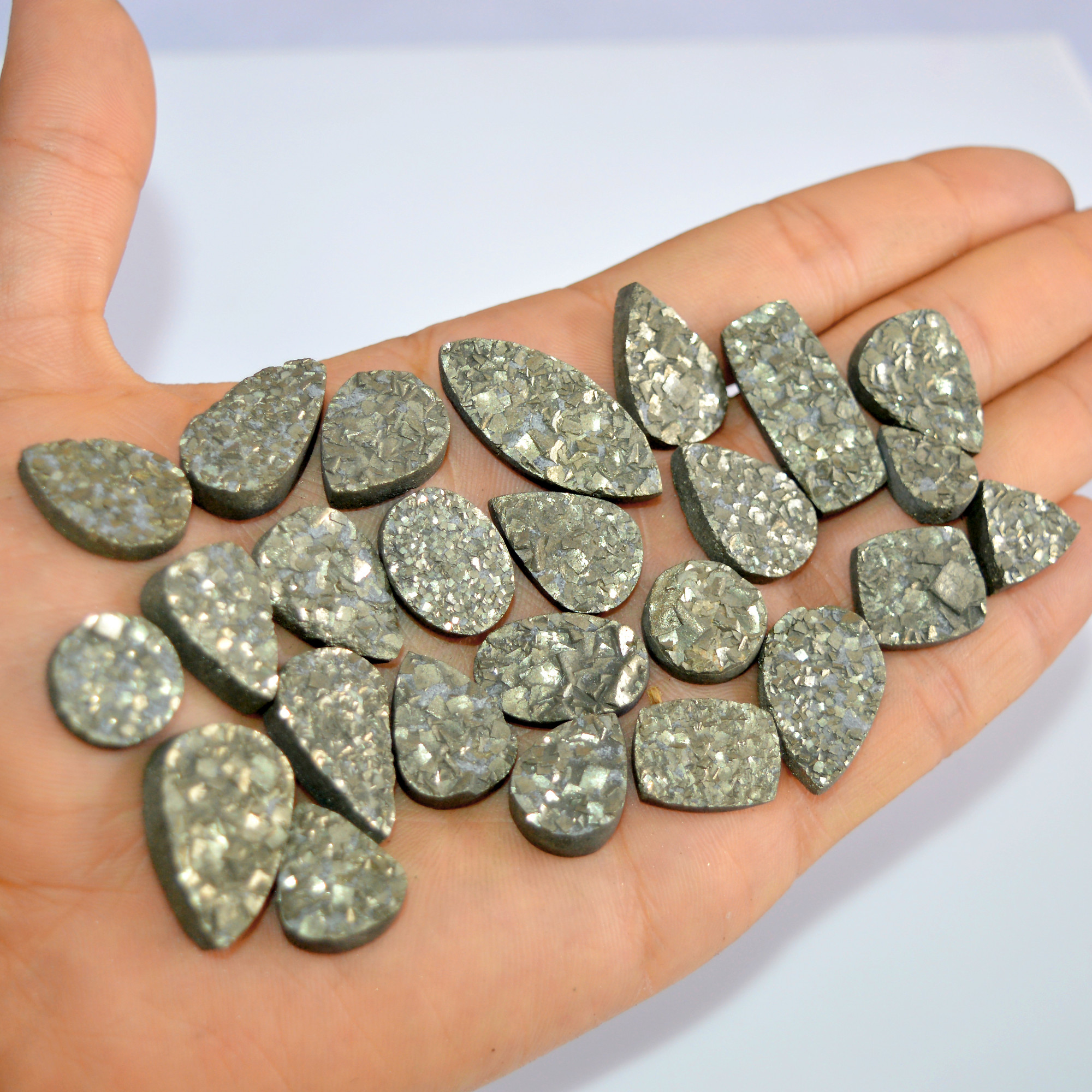 25 Pcs 605 Cts Natural Pyrite Druzy Loose Gemstone Lot Healing Crystal For Jewelry Making Semi-Precious Gemstones 30x13 14x9mm 16180
