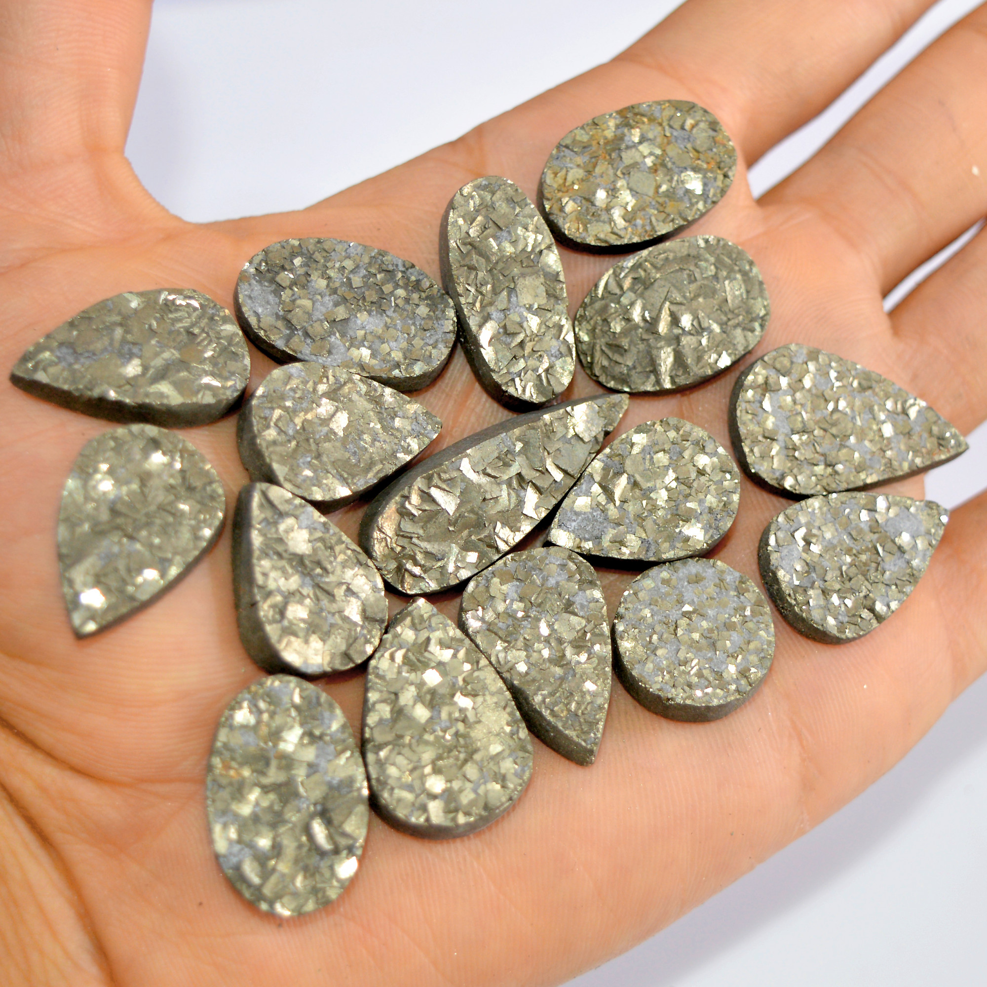 16 Pcs 513 Cts Natural Pyrite Druzy Loose Gemstone Lot Healing Crystal For Jewelry Making Semi-Precious Gemstones 34x10 15x15mm 16184