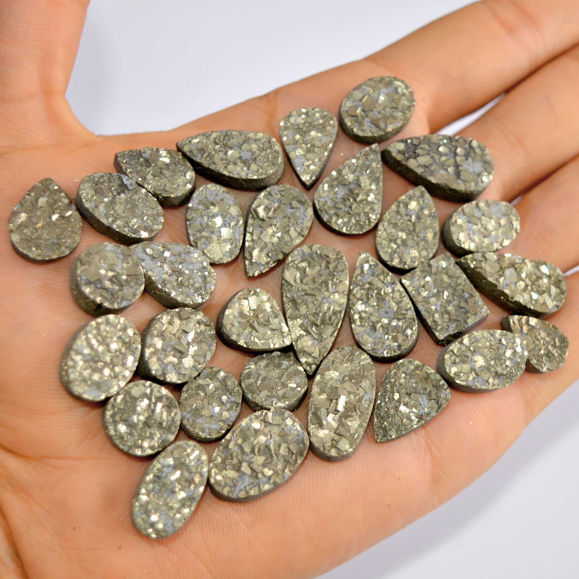 30 Pcs 490 Cts Natural Pyrite Druzy Loose Gemstone Lot Healing Crystal For Jewelry Making Semi-Precious Gemstones 24x10 14x8mm 16186