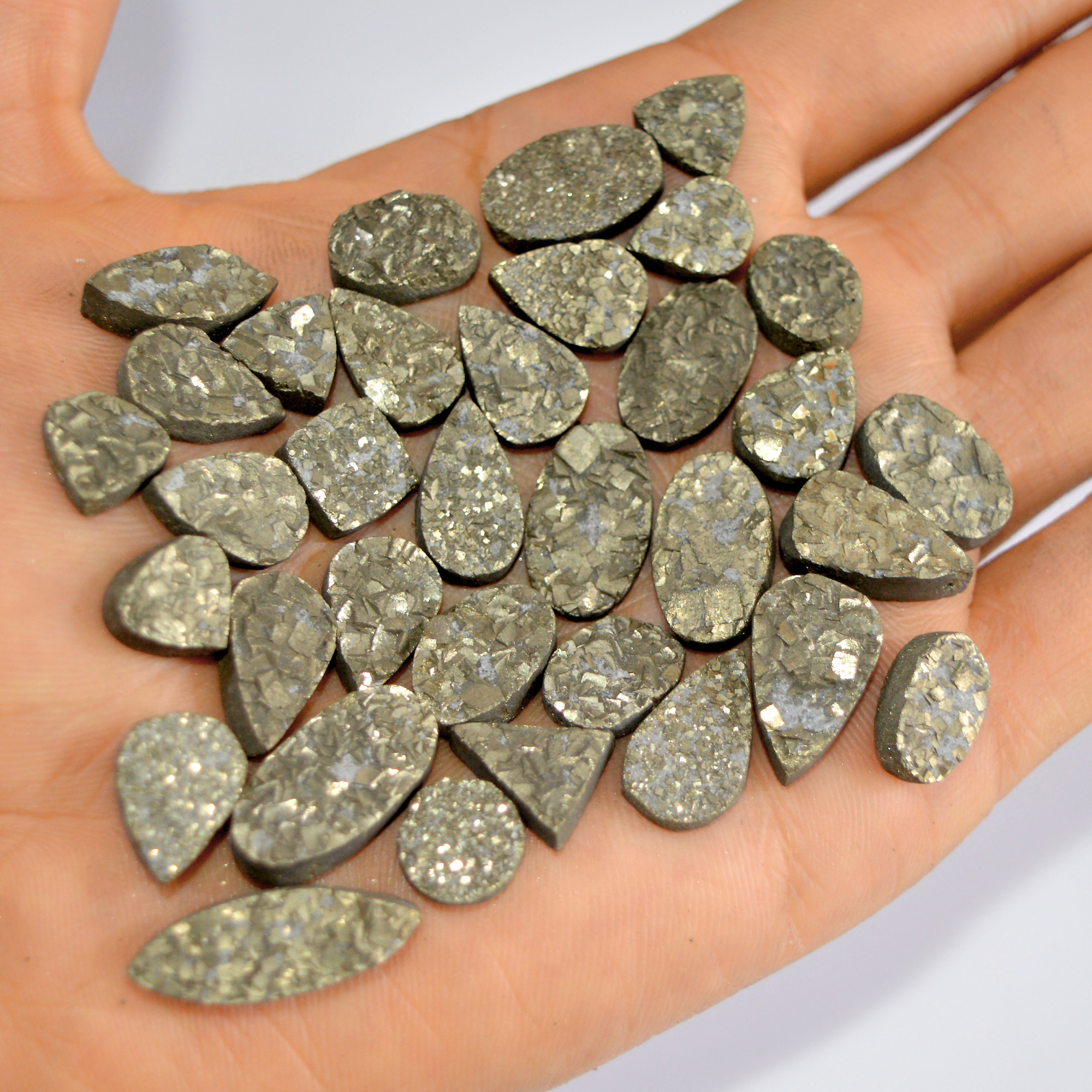 34 Pcs 356 Cts Natural Pyrite Druzy Loose Gemstone Lot Healing Crystal For Jewelry Making Semi-Precious Gemstones 24x8 10x10mm 16187