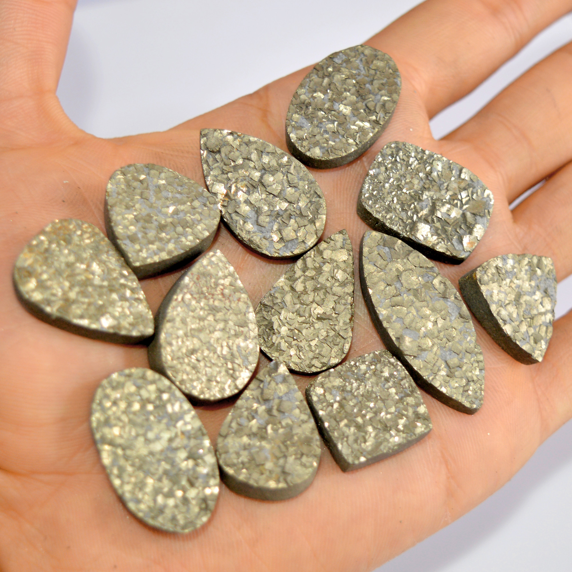 12 Pcs 529 Cts Natural Pyrite Druzy Loose Gemstone Lot Healing Crystal For Jewelry Making Semi-Precious Gemstones 35x14 15x15mm 16188