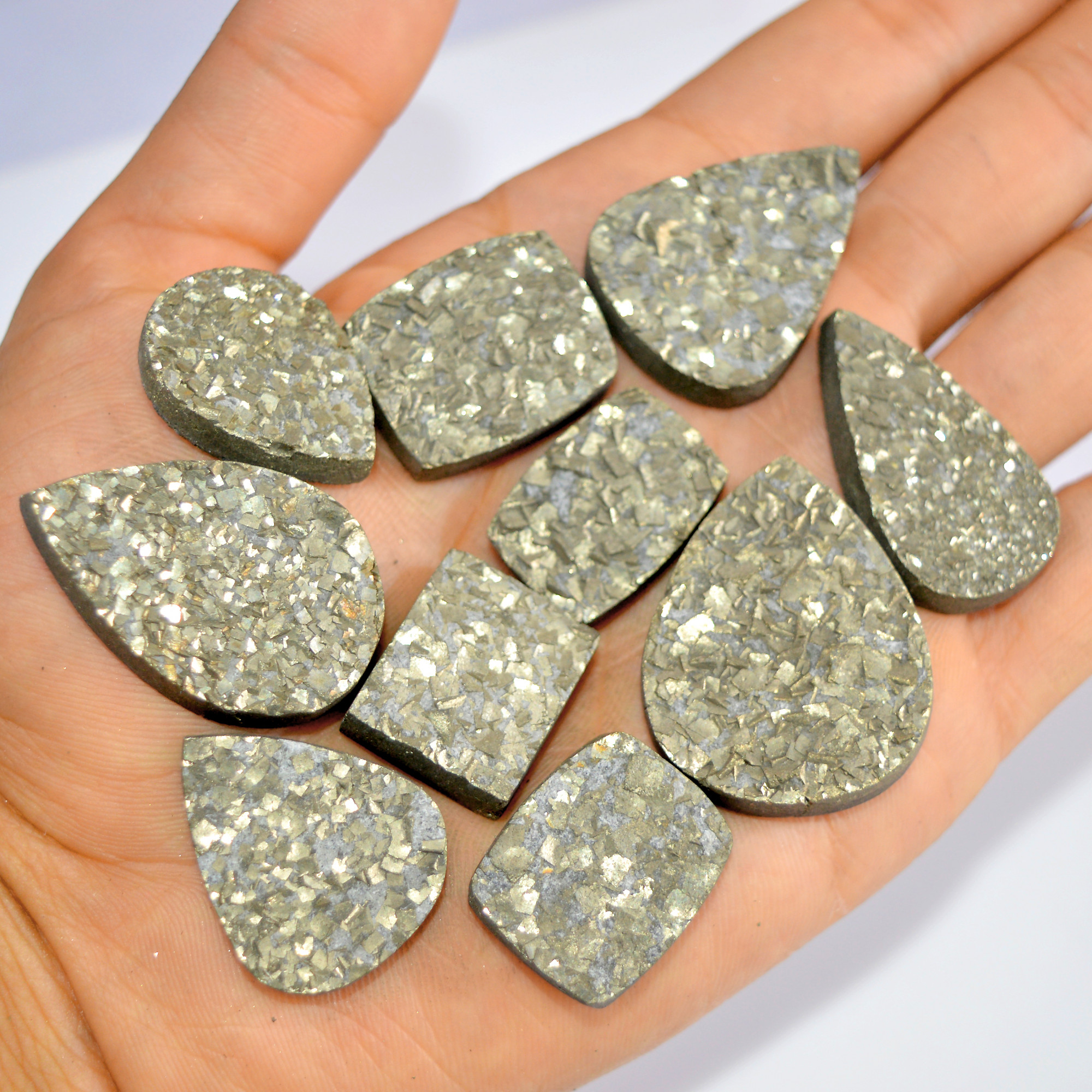 10 Pcs 697 Cts Natural Pyrite Druzy Loose Gemstone Lot Healing Crystal For Jewelry Making Semi-Precious Gemstones 35x27 21x15mm 16189