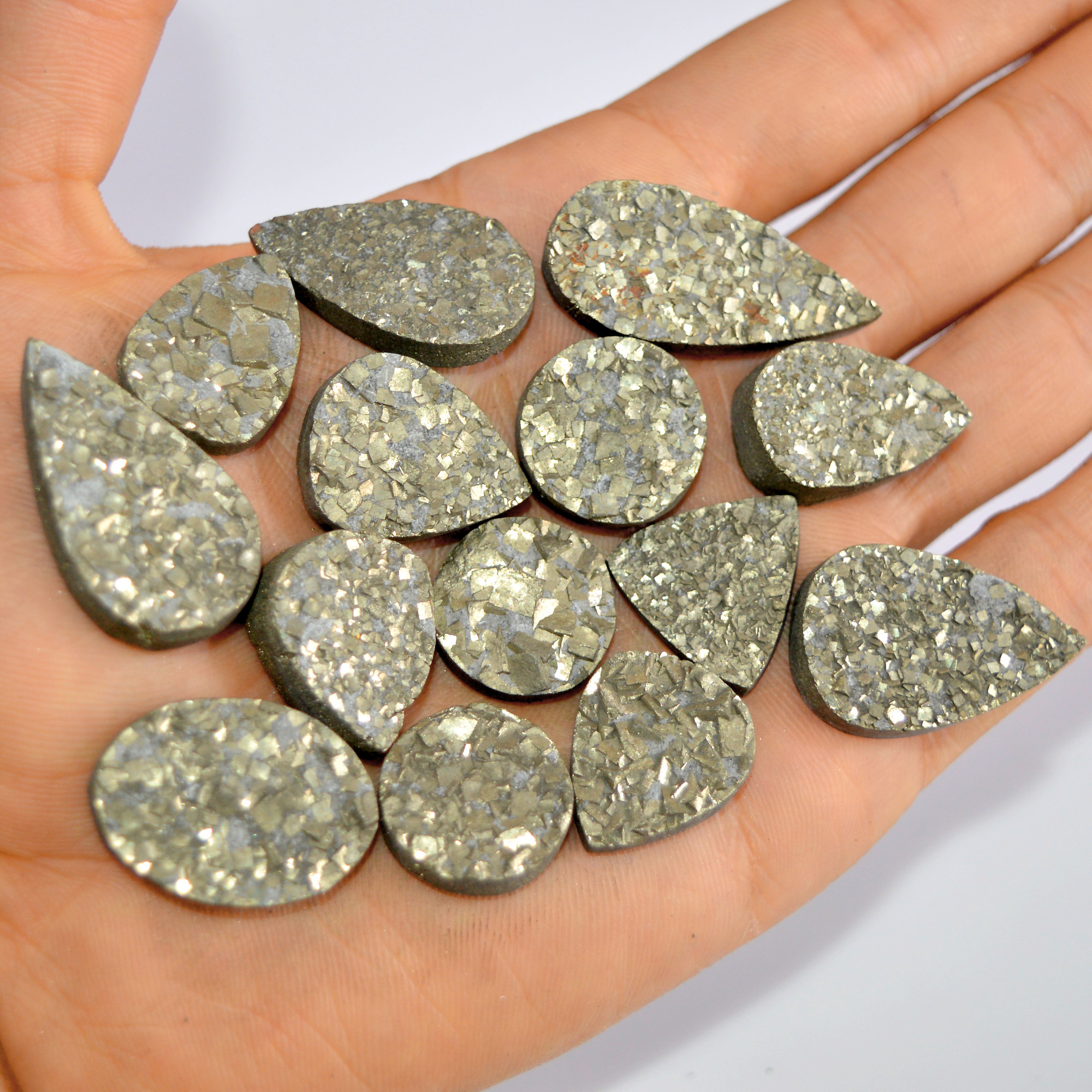 14 Pcs 566 Cts Natural Pyrite Druzy Loose Gemstone Lot Healing Crystal For Jewelry Making Semi-Precious Gemstones 35x15 17x17mm 16190
