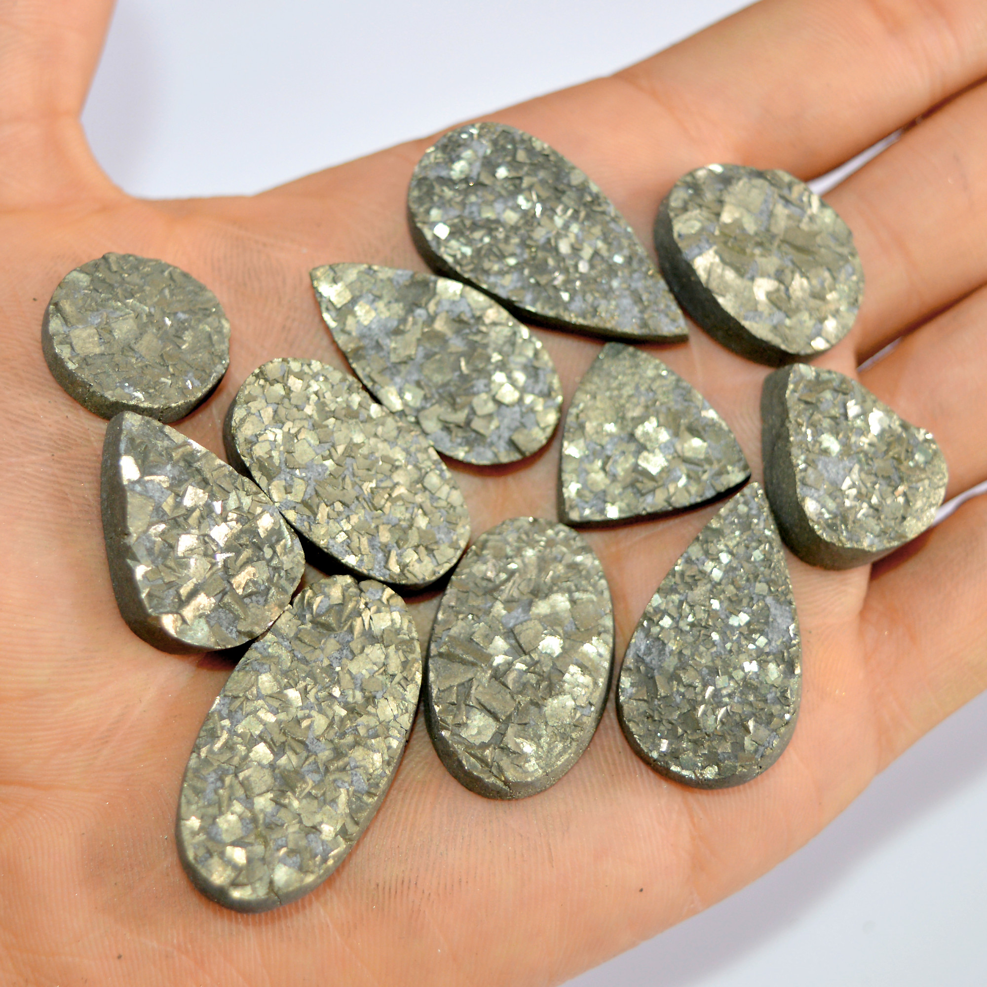 11 Pcs 528 Cts Natural Pyrite Druzy Loose Gemstone Lot Healing Crystal For Jewelry Making Semi-Precious Gemstones 34x17 18x18mm 16191