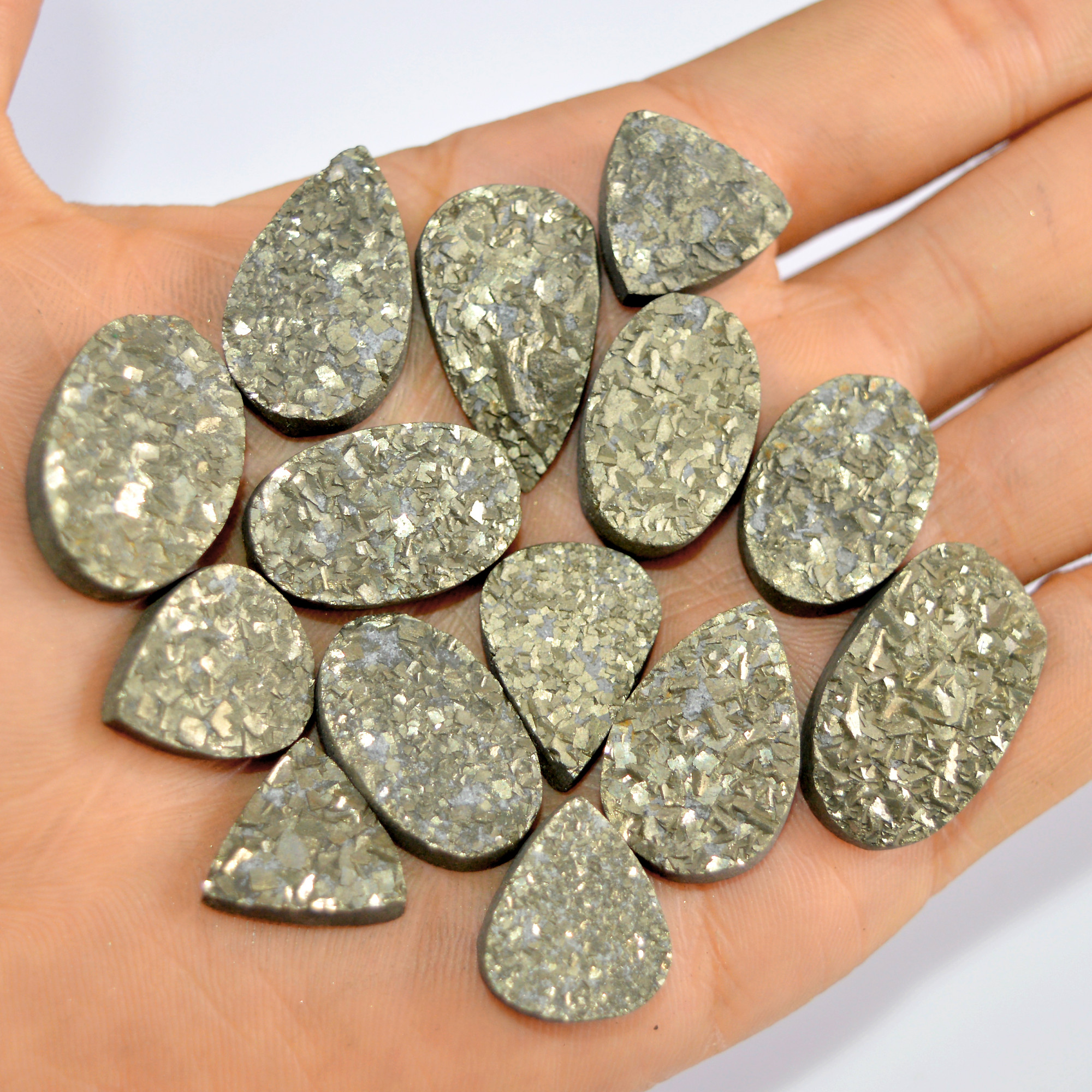 14 Pcs 500 Cts Natural Pyrite Druzy Loose Gemstone Lot Healing Crystal For Jewelry Making Semi-Precious Gemstones 28x15 15x15mm 16193