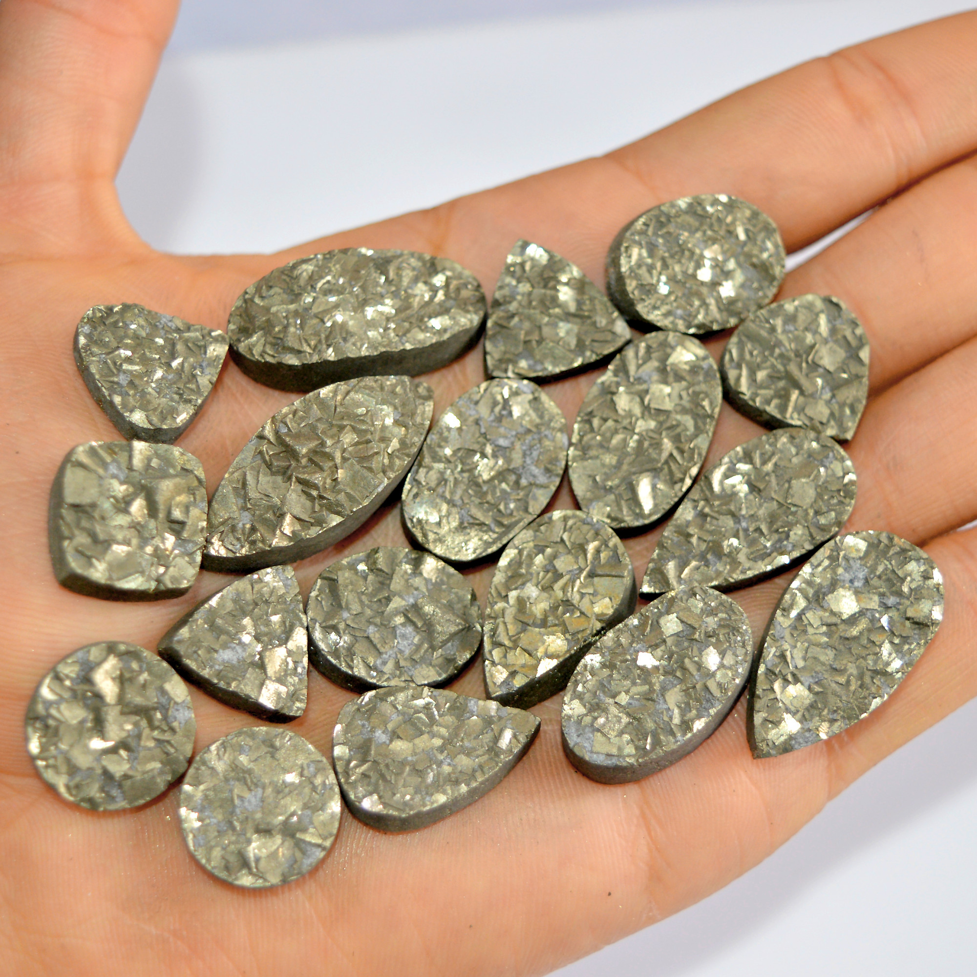 18 Pcs 601 Cts Natural Pyrite Druzy Loose Gemstone Lot Healing Crystal For Jewelry Making Semi-Precious Gemstones 31x13 15x15mm 16195