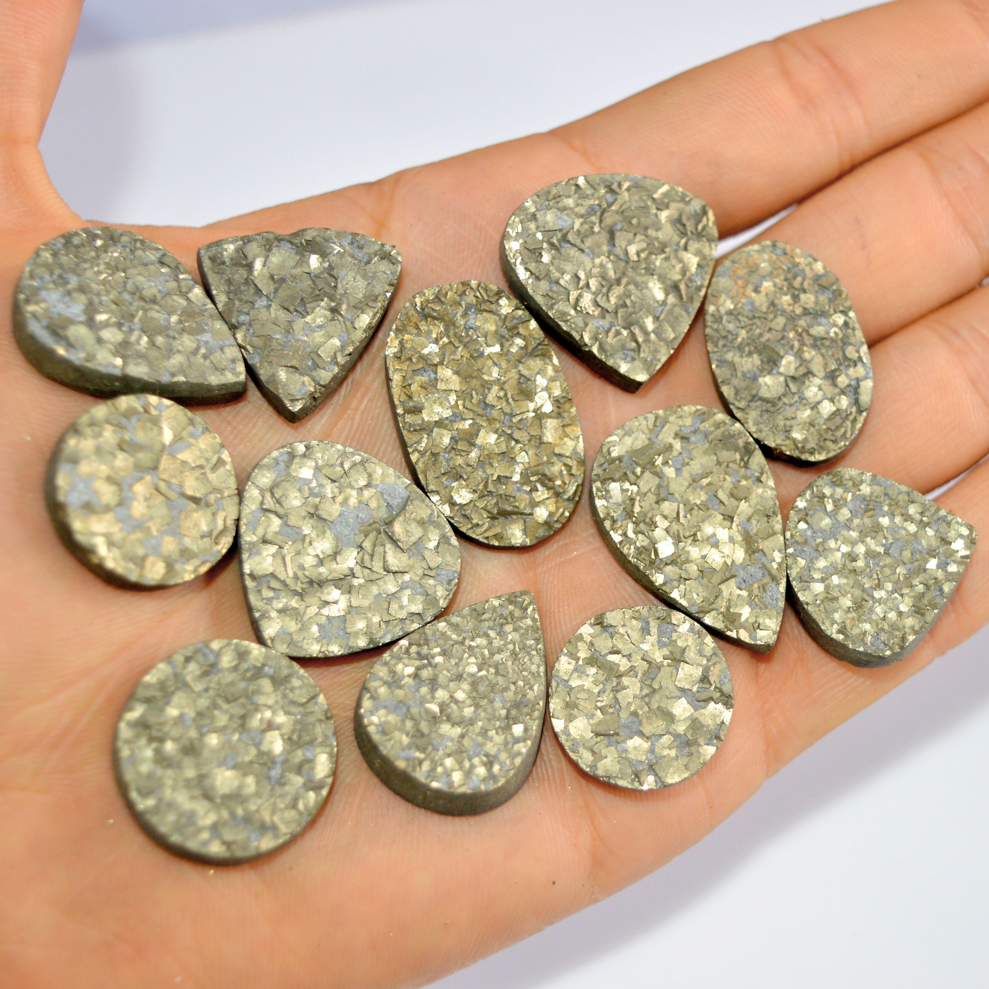 12 Pcs 532 Cts Natural Pyrite Druzy Loose Gemstone Lot Healing Crystal For Jewelry Making Semi-Precious Gemstones 30x17 19x19mm 16196