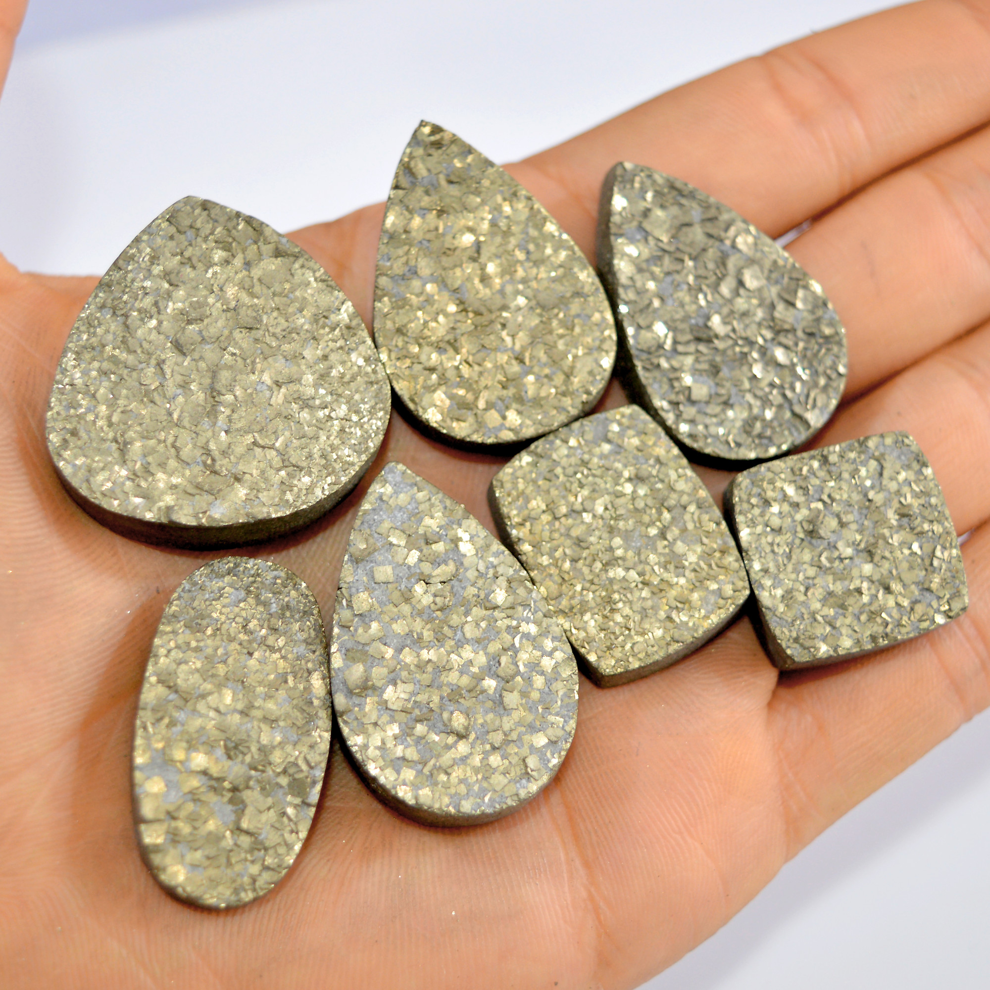 7 Pcs 599 Cts Natural Pyrite Druzy Loose Gemstone Lot Healing Crystal For Jewelry Making Semi-Precious Gemstones 35x32 20x19mm 16197