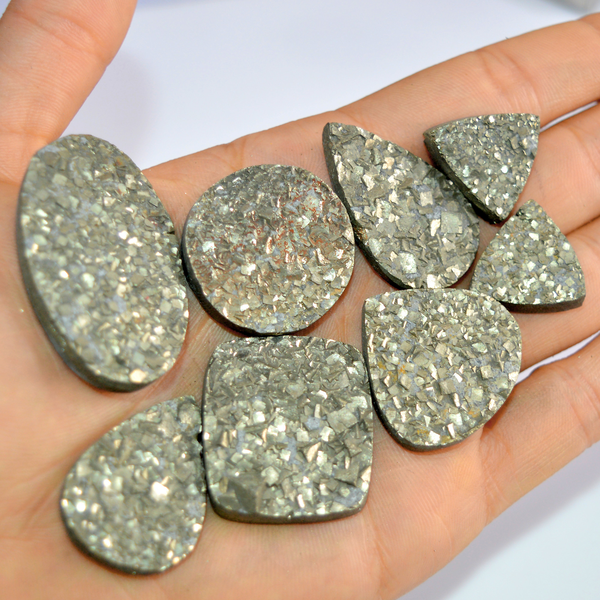 8 Pcs 602 Cts Natural Pyrite Druzy Loose Gemstone Lot Healing Crystal For Jewelry Making Semi-Precious Gemstones 45x25 20x20mm 16198