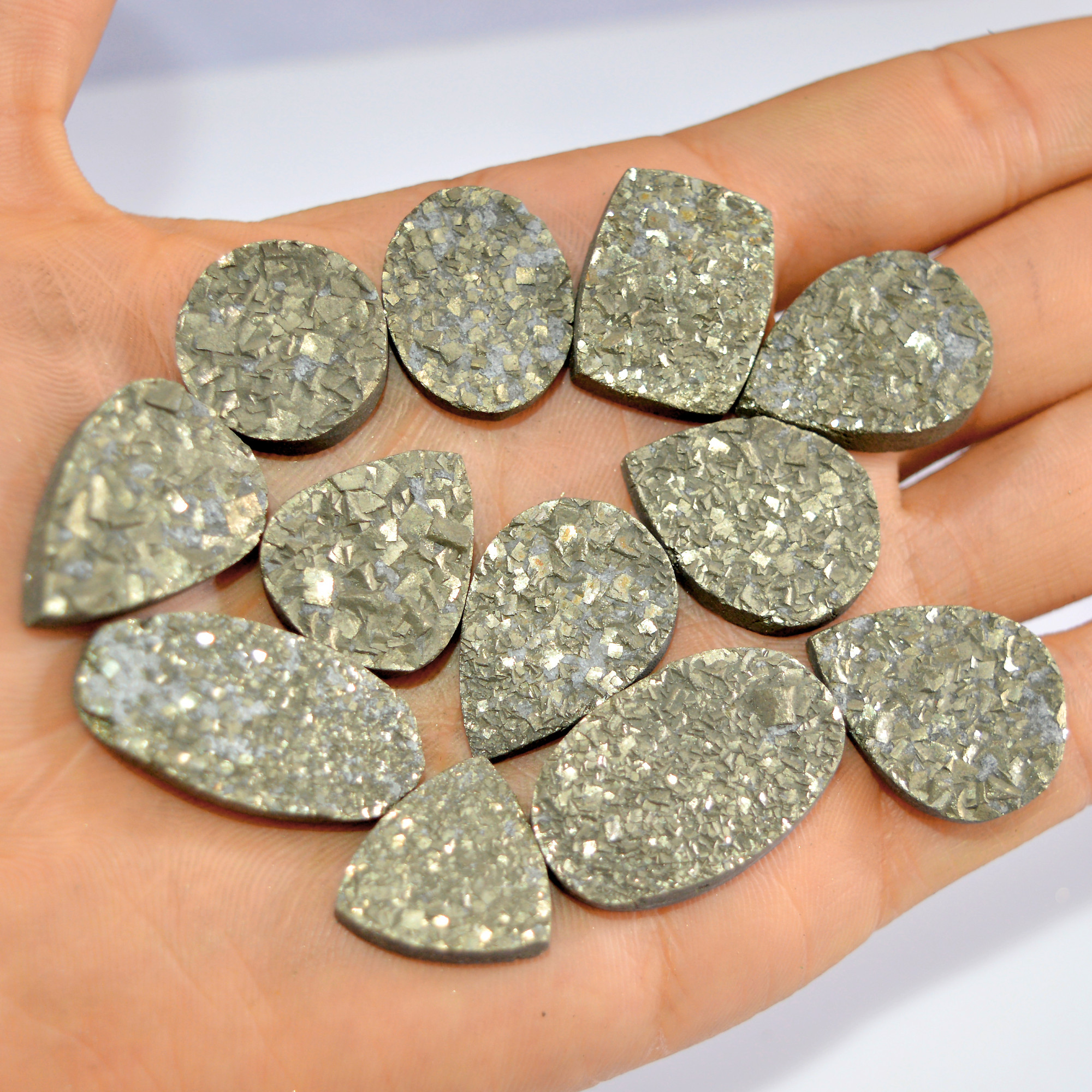 12 Pcs 457 Cts Natural Pyrite Druzy Loose Gemstone Lot Healing Crystal For Jewelry Making Semi-Precious Gemstones 30x17 18x18mm 16199