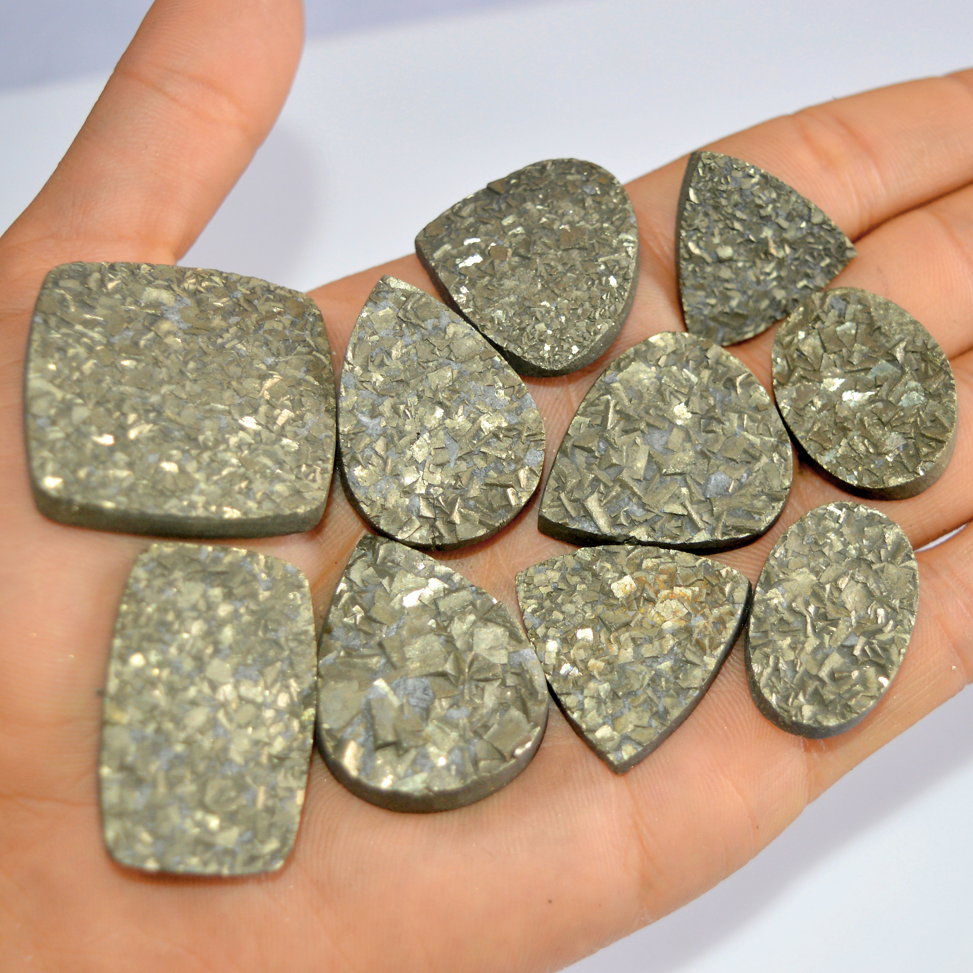 10 Pcs 776 Cts Natural Pyrite Druzy Loose Gemstone Lot Healing Crystal For Jewelry Making Semi-Precious Gemstones 35x35 25x20mm 16200