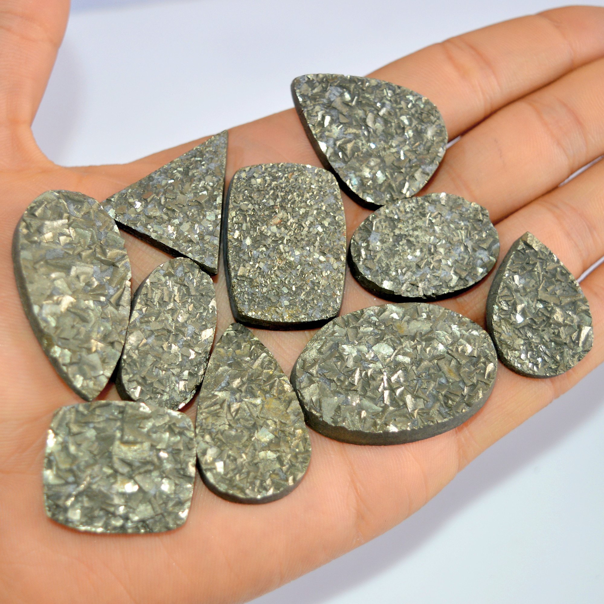 10 Pcs 723 Cts Natural Pyrite Druzy Loose Gemstone Lot Healing Crystal For Jewelry Making Semi-Precious Gemstones 38x25 26x19mm 16201