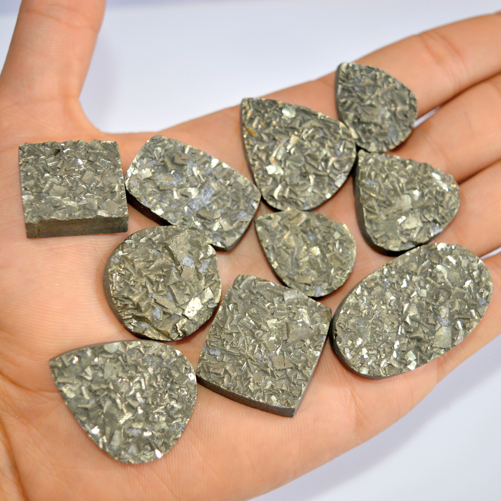 10 Pcs 725 Cts Natural Pyrite Druzy Loose Gemstone Lot Healing Crystal For Jewelry Making Semi-Precious Gemstones 40x22 23x20mm 16202