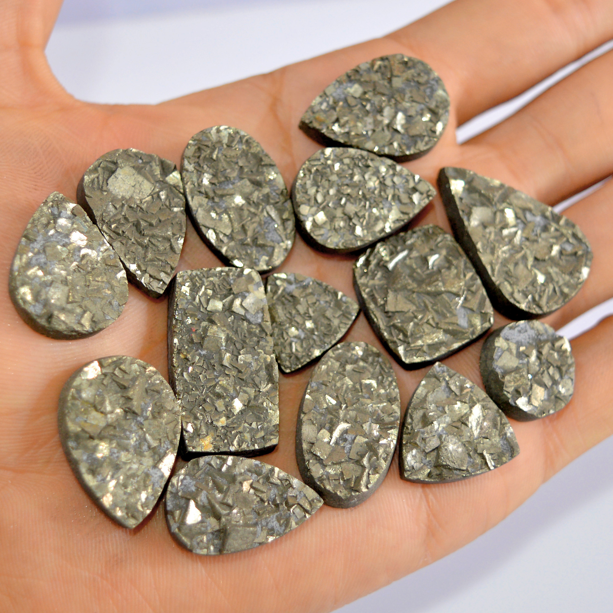 14 Pcs 530 Cts Natural Pyrite Druzy Loose Gemstone Lot Healing Crystal For Jewelry Making Semi-Precious Gemstones 30x18 15x15mm 16203