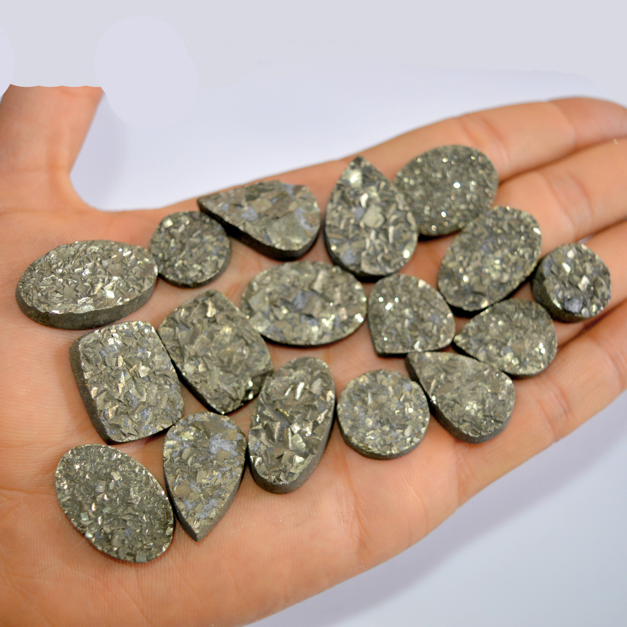 17 Pcs 617 Cts Natural Pyrite Druzy Loose Gemstone Lot Healing Crystal For Jewelry Making Semi-Precious Gemstones 27x15 15x15mm 16204