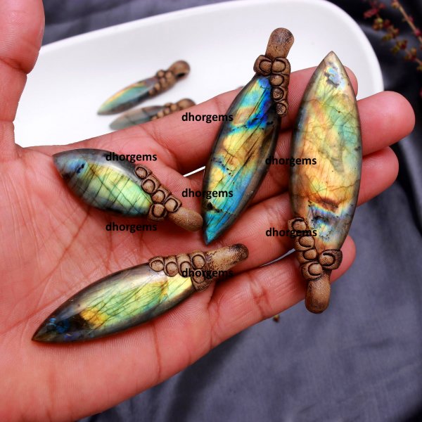 7 Pcs 411CTS Natural Labradorite Polymer Clay Pendent  Wholesale Lot Size 80x22 45x8 mm