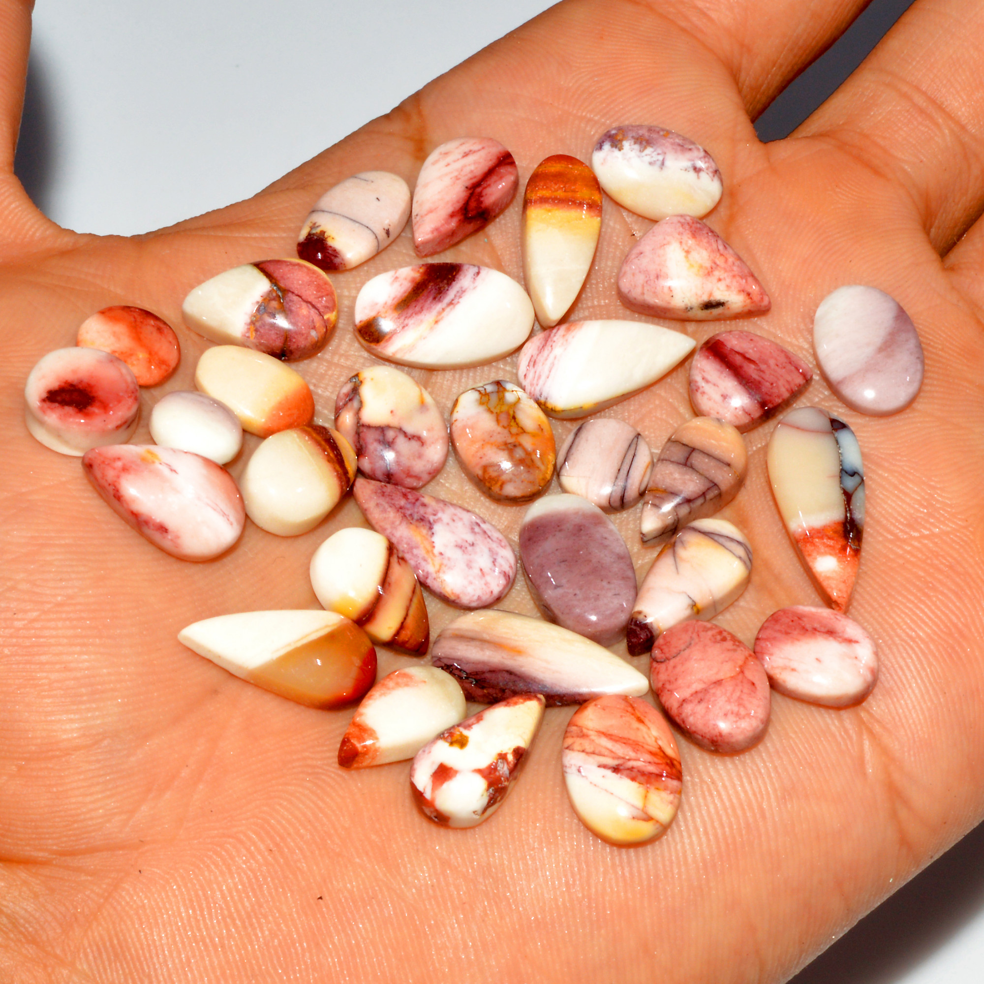 32 Pcs 94 Cts Natural Mookaite Jasper Cabochon Gemstone Jewelry Making Wholesale Mixed Shape Loose Crystal Lot 20x6 6x6mm 16395