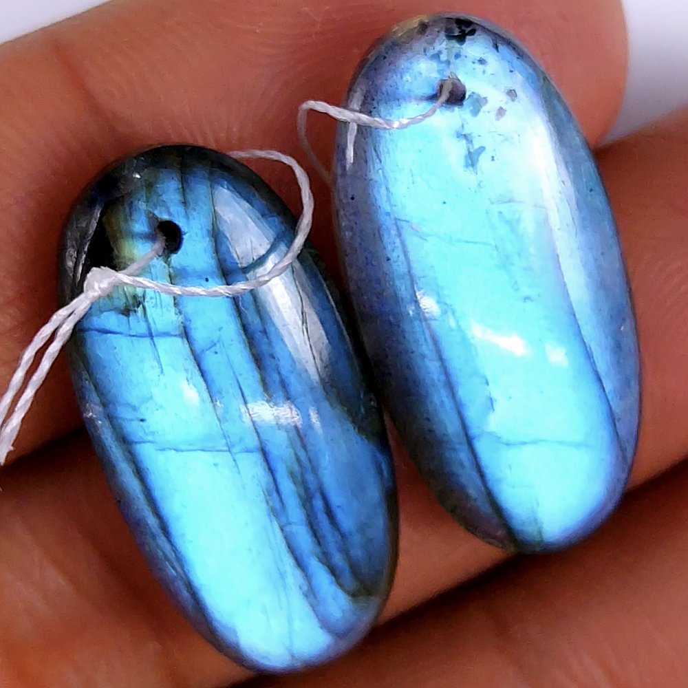 31Cts Natural Blue Labradorite Cabochon Pair Oval Shape Drilled Loose Gemstone 26x12mm #164