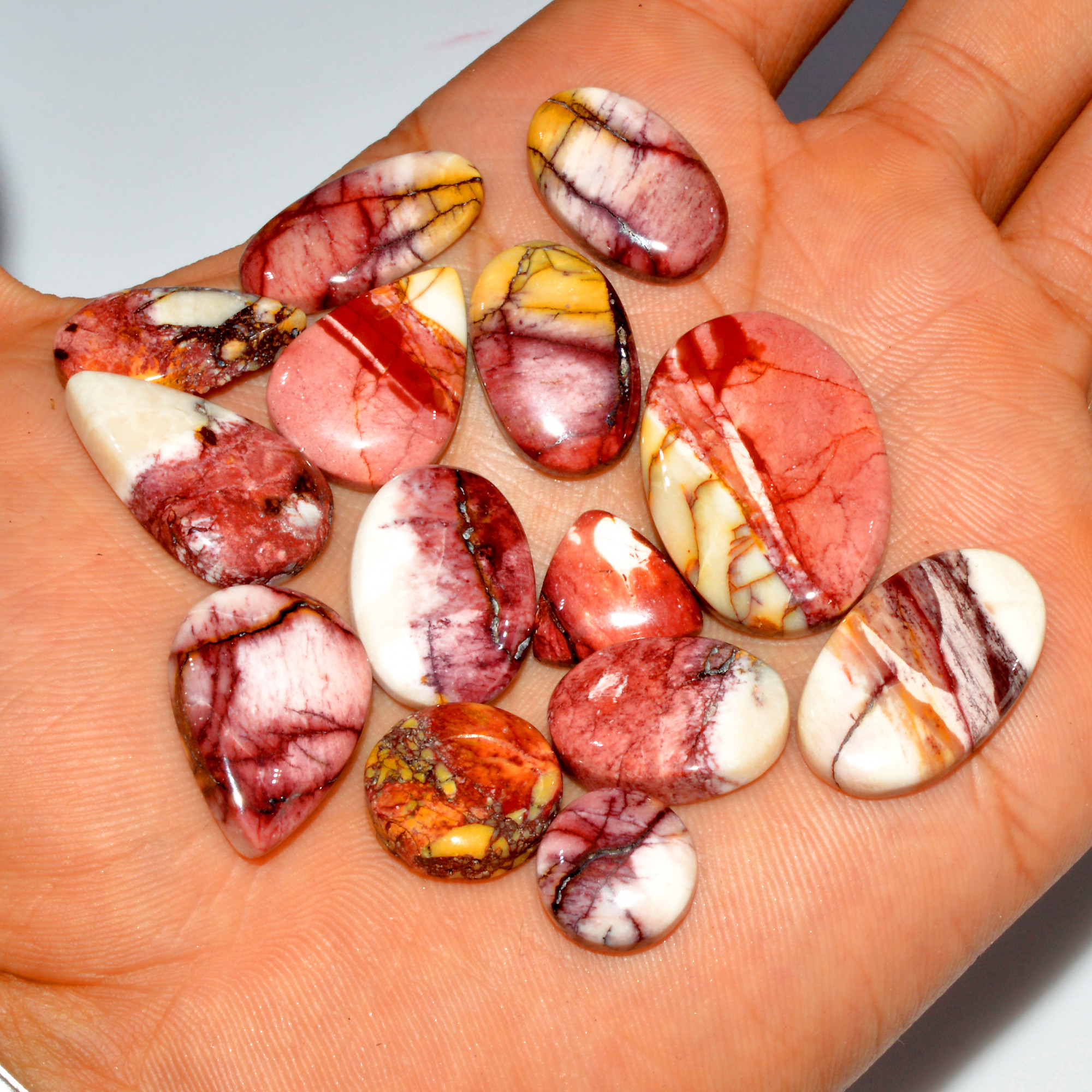 14 Pcs 144 Cts Natural Mookaite Jasper Cabochon Loose Gemstone Lot Semi Precious Handmade Healing Crystal Jewelry 28x18 10x10mm 16418