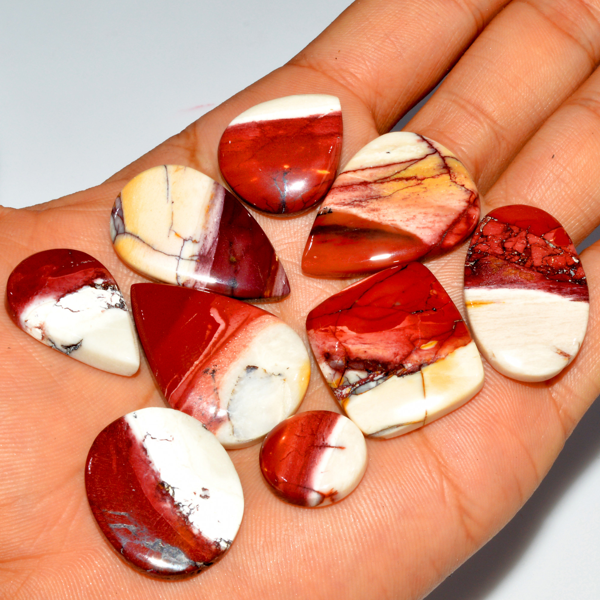 9 Pcs 198 Cts Natural Mookaite Jasper Cabochon Loose Gemstone Lot Semi Precious Handmade Healing Crystal Jewelry 32x22 15x15mm 16419