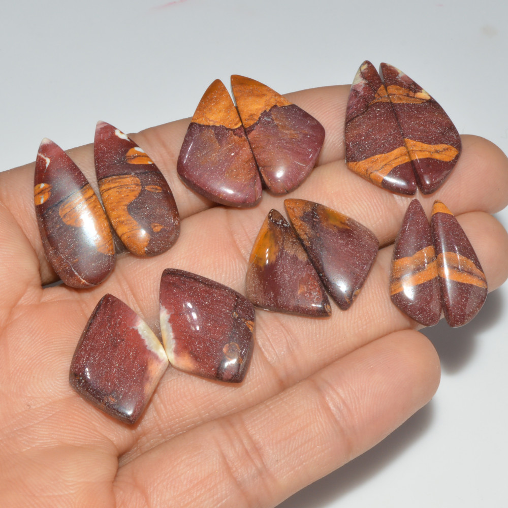 Image of 6 Pair 99 Cts Natural Mookaite Jasper Cabochon Loose Gemstone Pairs Lot Earrings Making Semi-Precious Boho Jewelry 28X10 20X8mm #16440