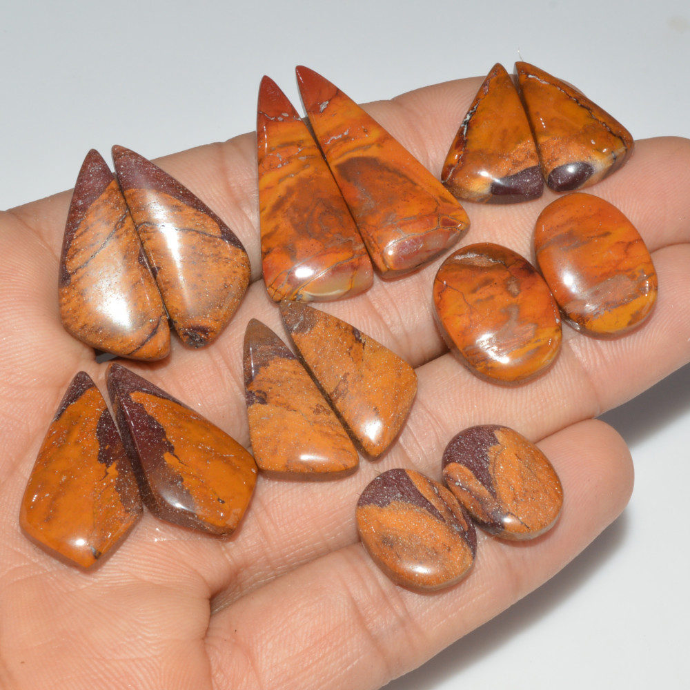 Image of 7 Pair 168 Cts Natural Mookaite Jasper Cabochon Loose Gemstone Pairs Lot Earrings Making Semi-Precious Boho Jewelry 30X12 14X10mm #16445