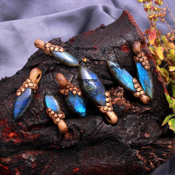 7 Pcs 296CTS Natural Labradorite Polymer Clay Pendent  Wholesale Lot Size 67x13 37x12mm
