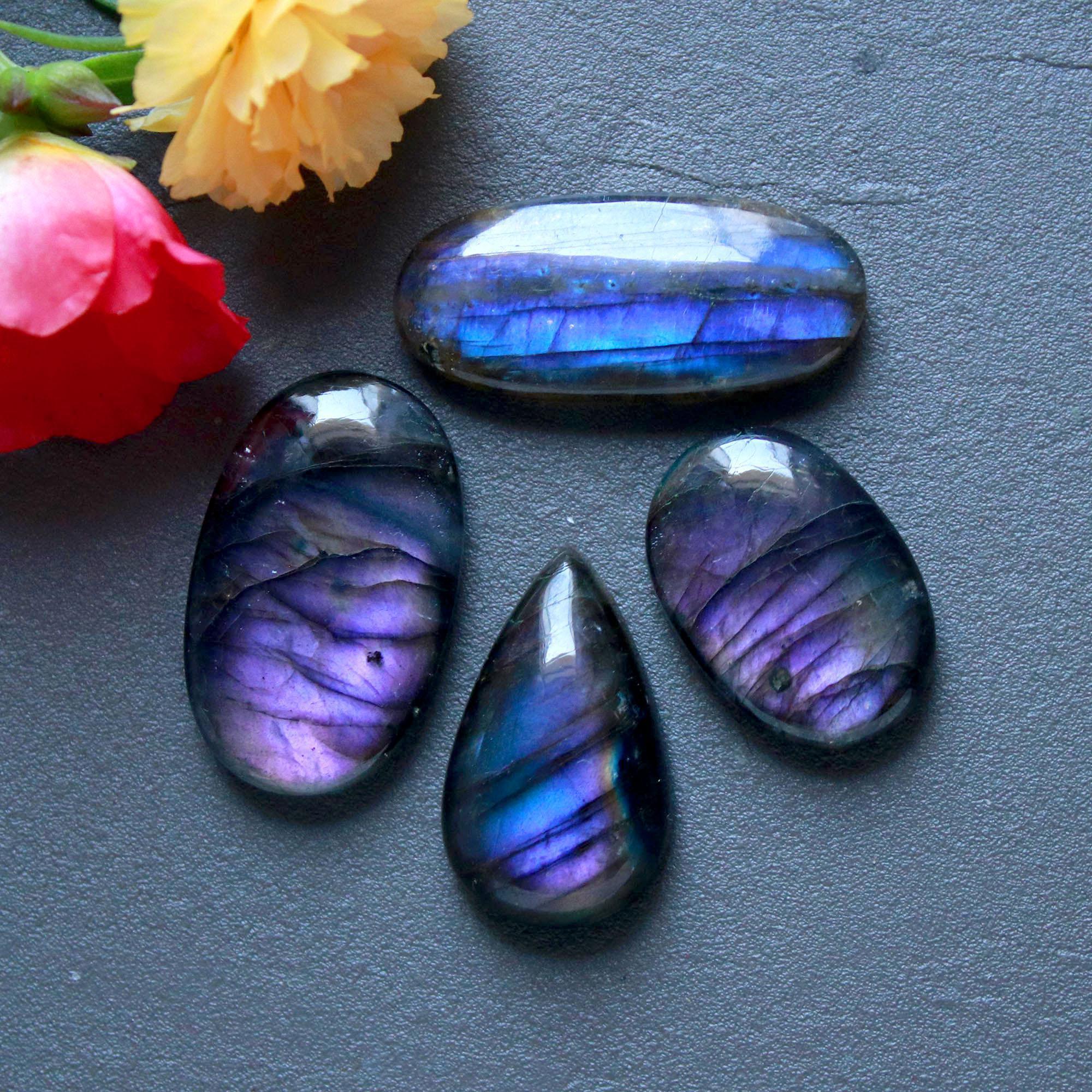 4Pcs 96Ct Natural Labradorite Cabochon Loose Gemstone Lot Jewelry Making Semi-Precious Gemstone 30x14 22x15mm 16474