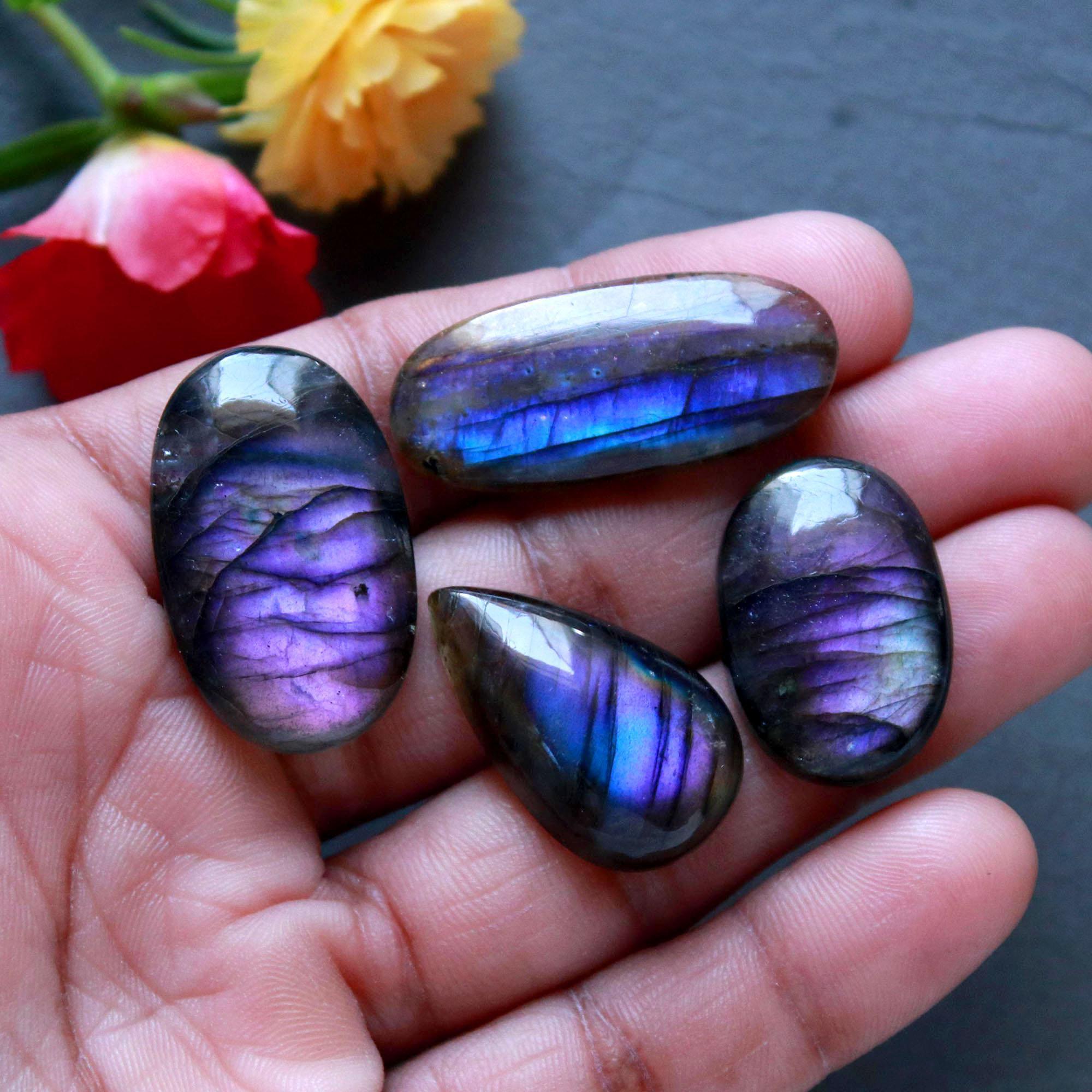 4Pcs 96Ct Natural Labradorite Cabochon Loose Gemstone Lot Jewelry Making Semi-Precious Gemstone 30x14 22x15mm 16474
