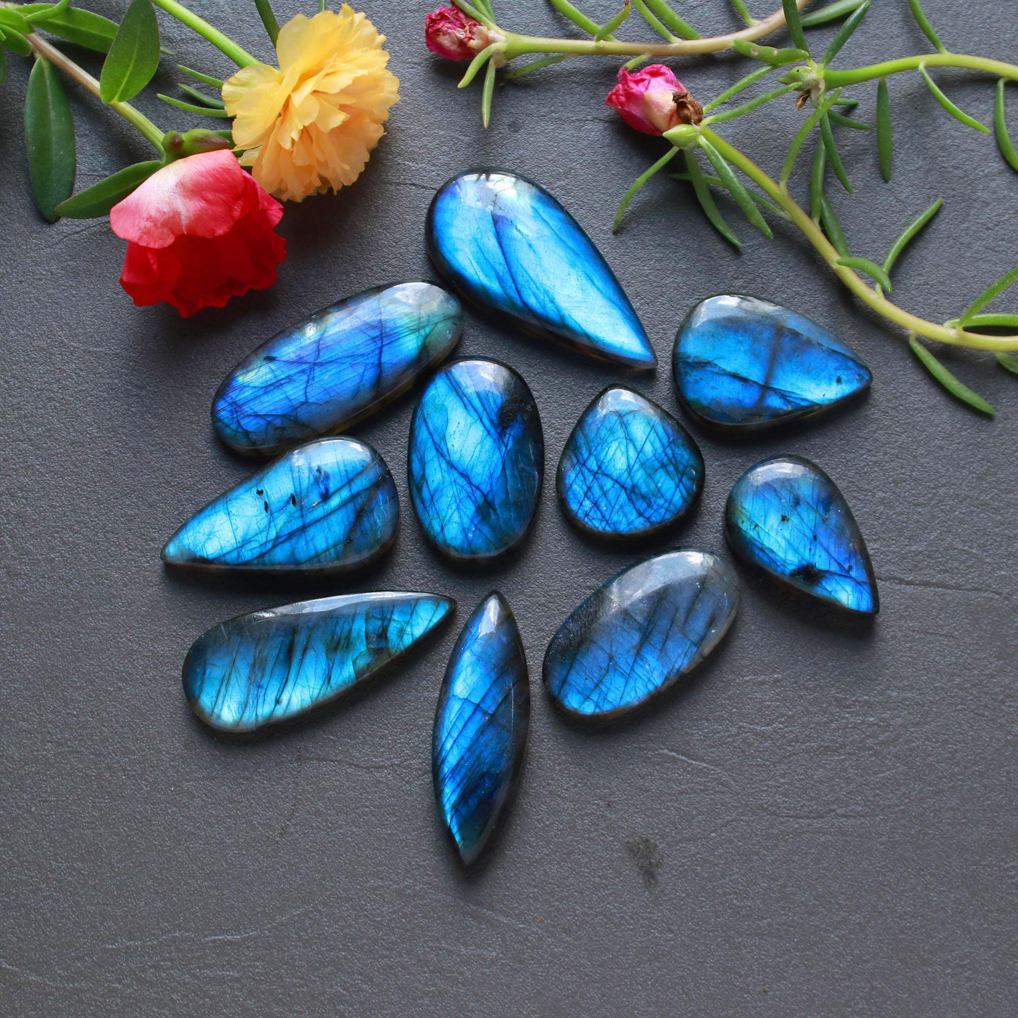 10Pcs 256Ct Natural Labradorite Cabochon Loose Gemstone Lot Jewelry Making Semi-Precious Gemstone 37x16 20x18mm 16477