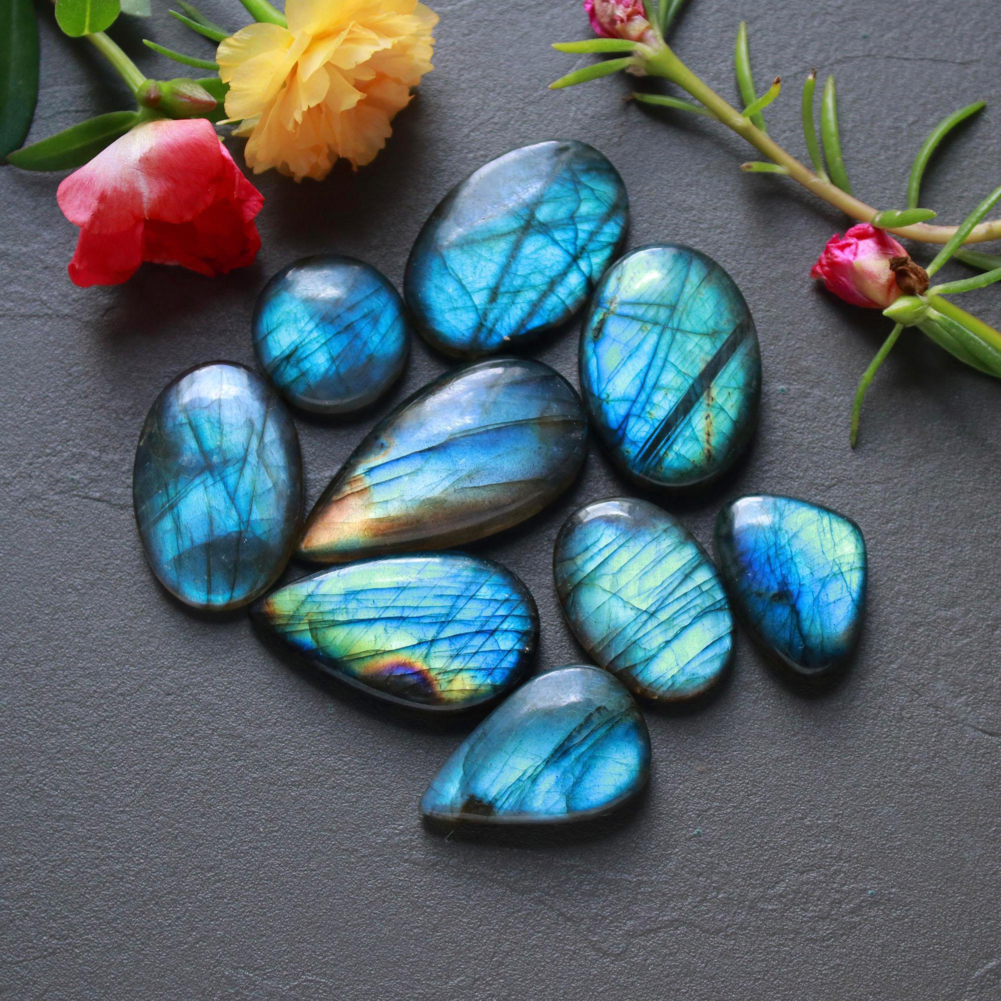 9Pcs 205Ct Natural Labradorite Cabochon Loose Gemstone Lot Jewelry Making Semi-Precious Gemstone 35x17 16x16mm 16478