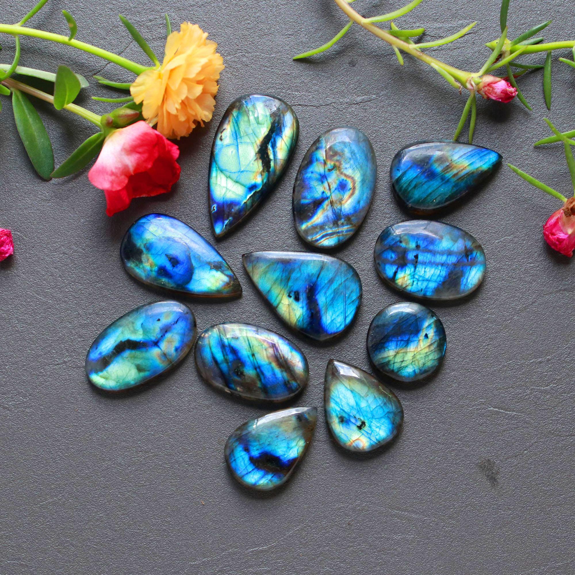 11Pcs 222Ct Natural Labradorite Cabochon Loose Gemstone Lot Jewelry Making Semi-Precious Gemstone 35x18 18x18mm 16479