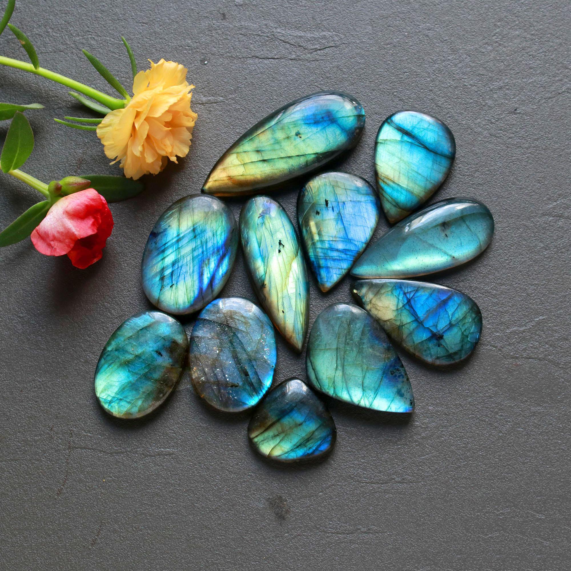 11Pcs 245Ct Natural Labradorite Cabochon Loose Gemstone Lot Jewelry Making Semi-Precious Gemstone 40x15 18x17mm 16489