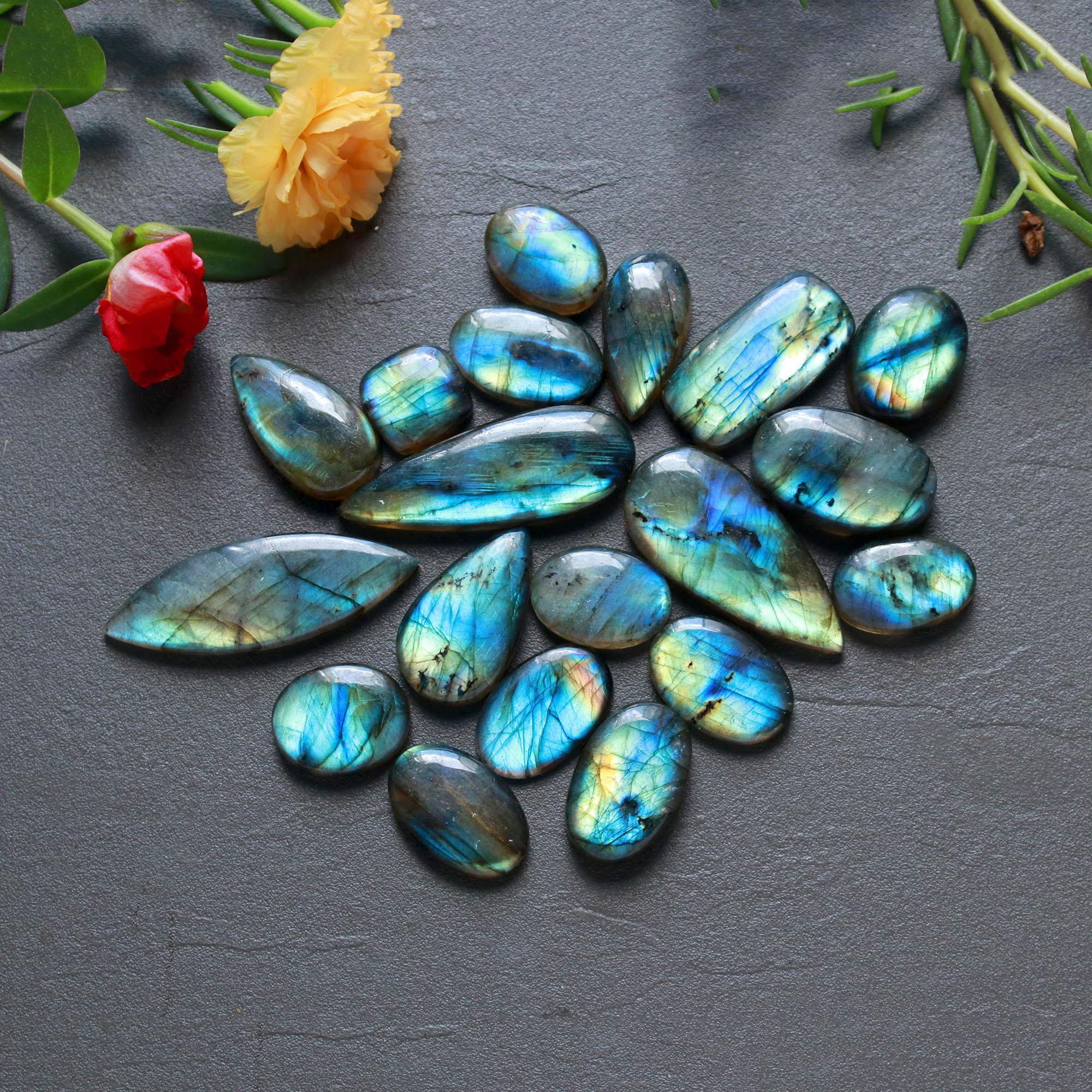 19Pcs 227Ct Natural Labradorite Cabochon Loose Gemstone Lot Jewelry Making Semi-Precious Gemstone 35x12 10x10mm 16491