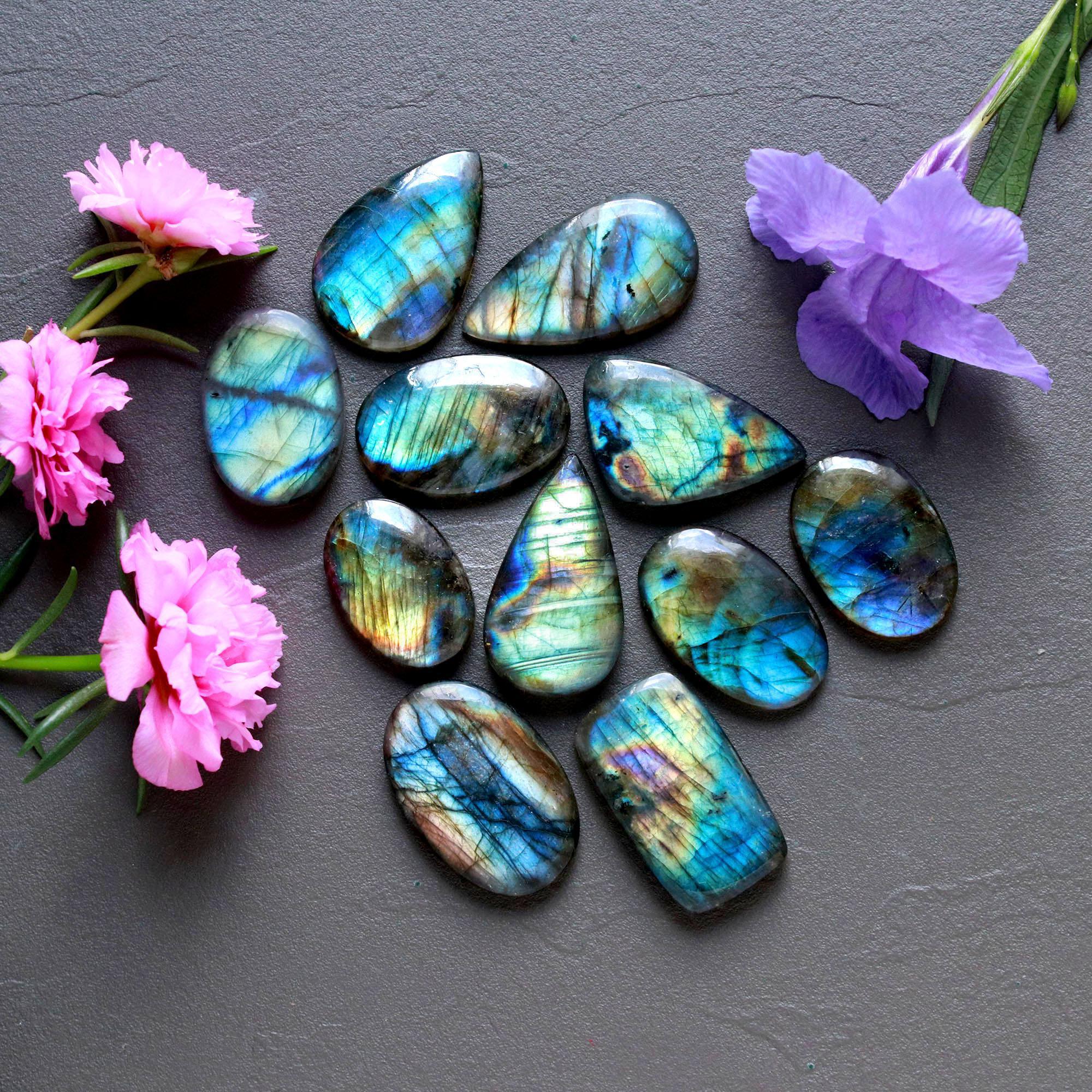 11Pcs 227Ct Natural Labradorite Cabochon Loose Gemstone Lot Jewelry Making Handmade Crystal Craft Supplies 30x15 21x15mm 16517