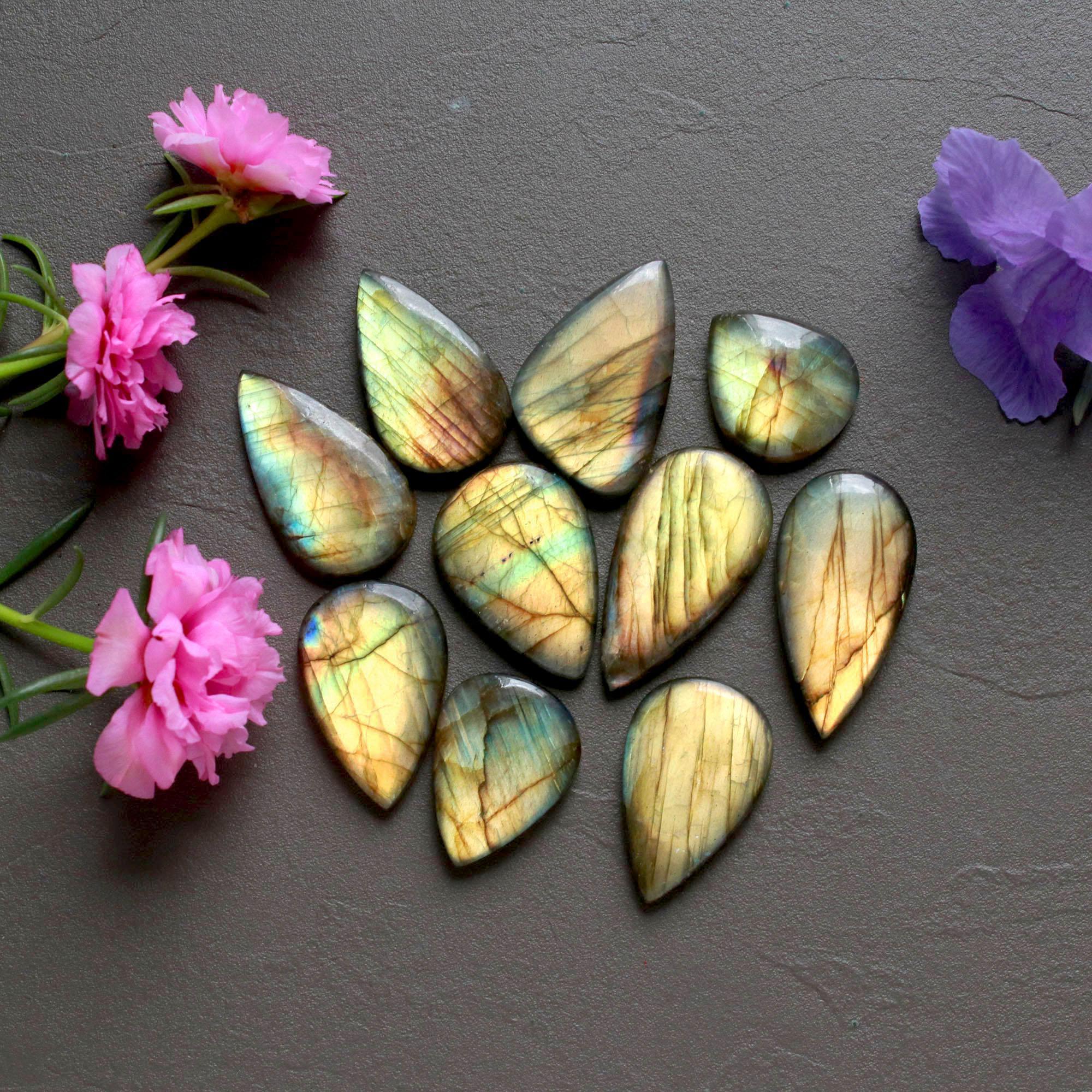10Pcs 221Ct Natural Labradorite Cabochon Loose Gemstone Lot Mixed Shapes Sizes Healing Crystal For Jewelry Making 34x15 20x18mm 16519
