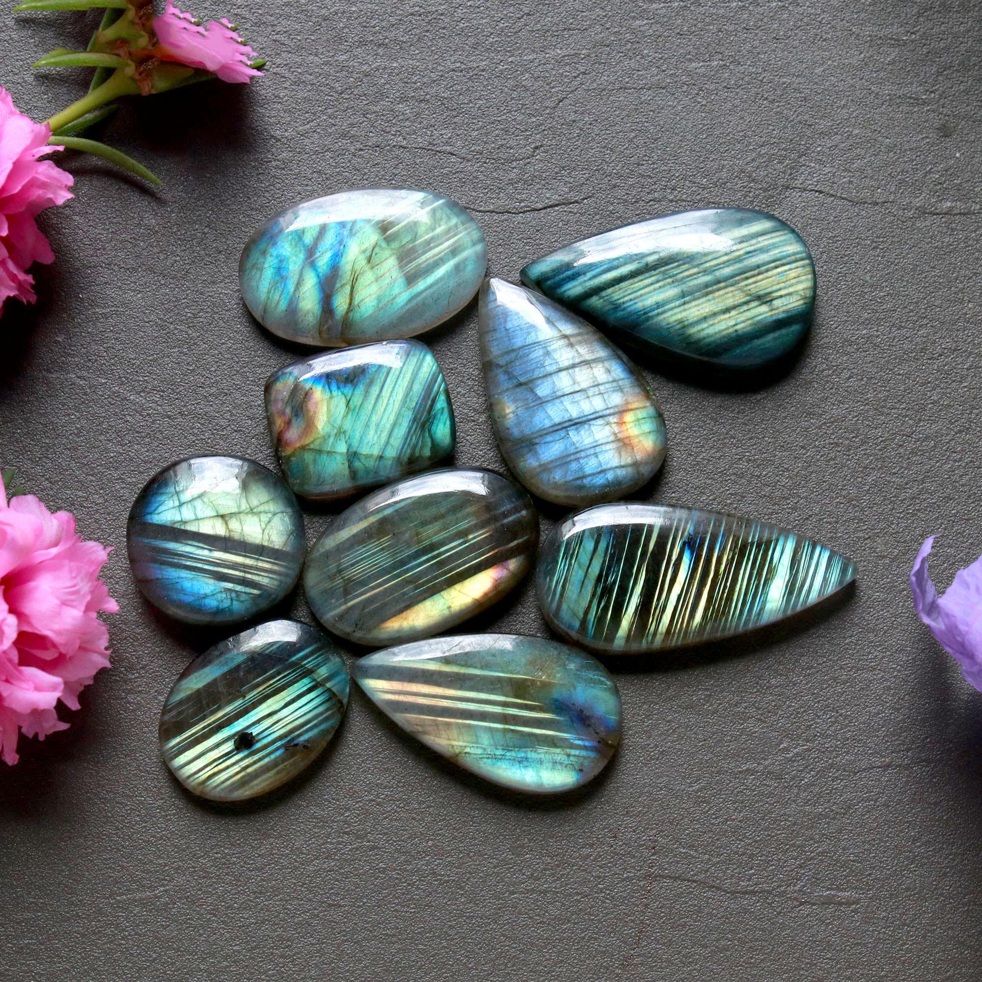 9Pcs 198Ct Natural Labradorite Cabochon Loose Gemstone Lot Mixed Shapes Sizes Healing Crystal For Jewelry Making 35x15 18x15mm 16520