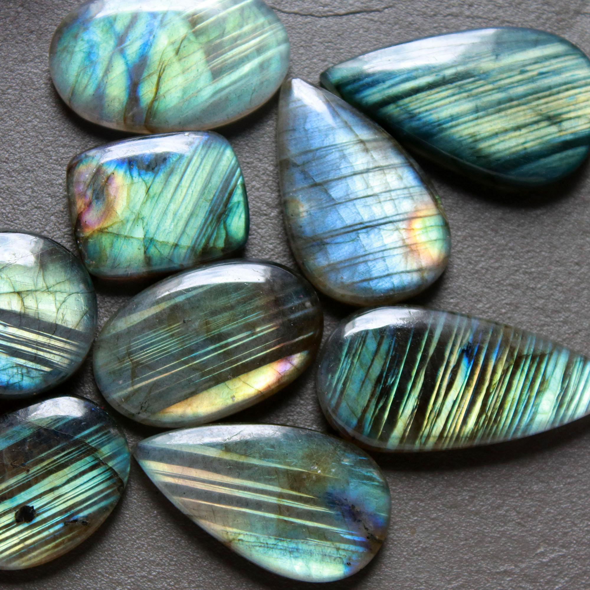 9Pcs 198Ct Natural Labradorite Cabochon Loose Gemstone Lot Mixed Shapes Sizes Healing Crystal For Jewelry Making 35x15 18x15mm 16520