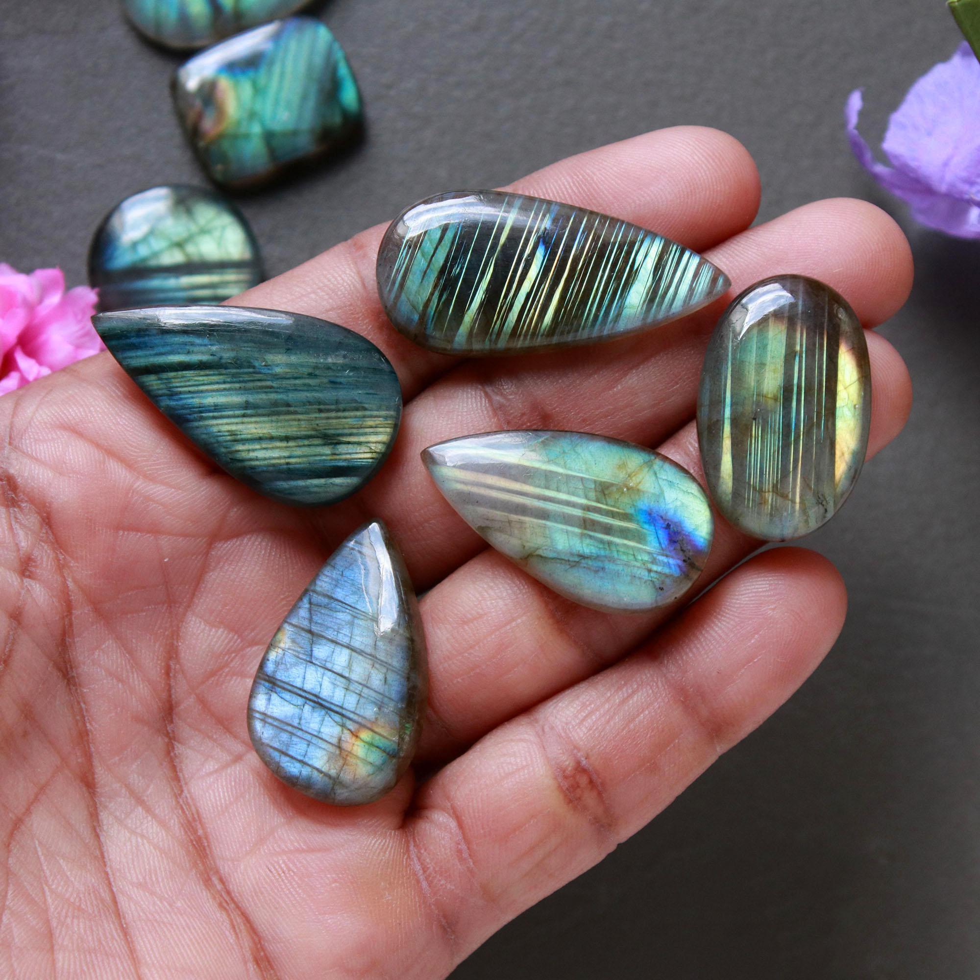 9Pcs 198Ct Natural Labradorite Cabochon Loose Gemstone Lot Mixed Shapes Sizes Healing Crystal For Jewelry Making 35x15 18x15mm 16520