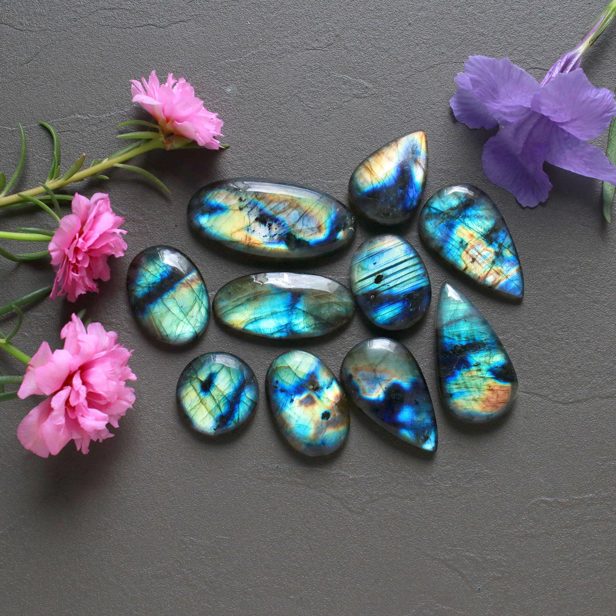 10Pcs 245Ct Natural Labradorite Cabochon Loose Gemstone Lot Mixed Shapes Sizes Healing Crystal For Jewelry Making 38x18 18x18mm 16521