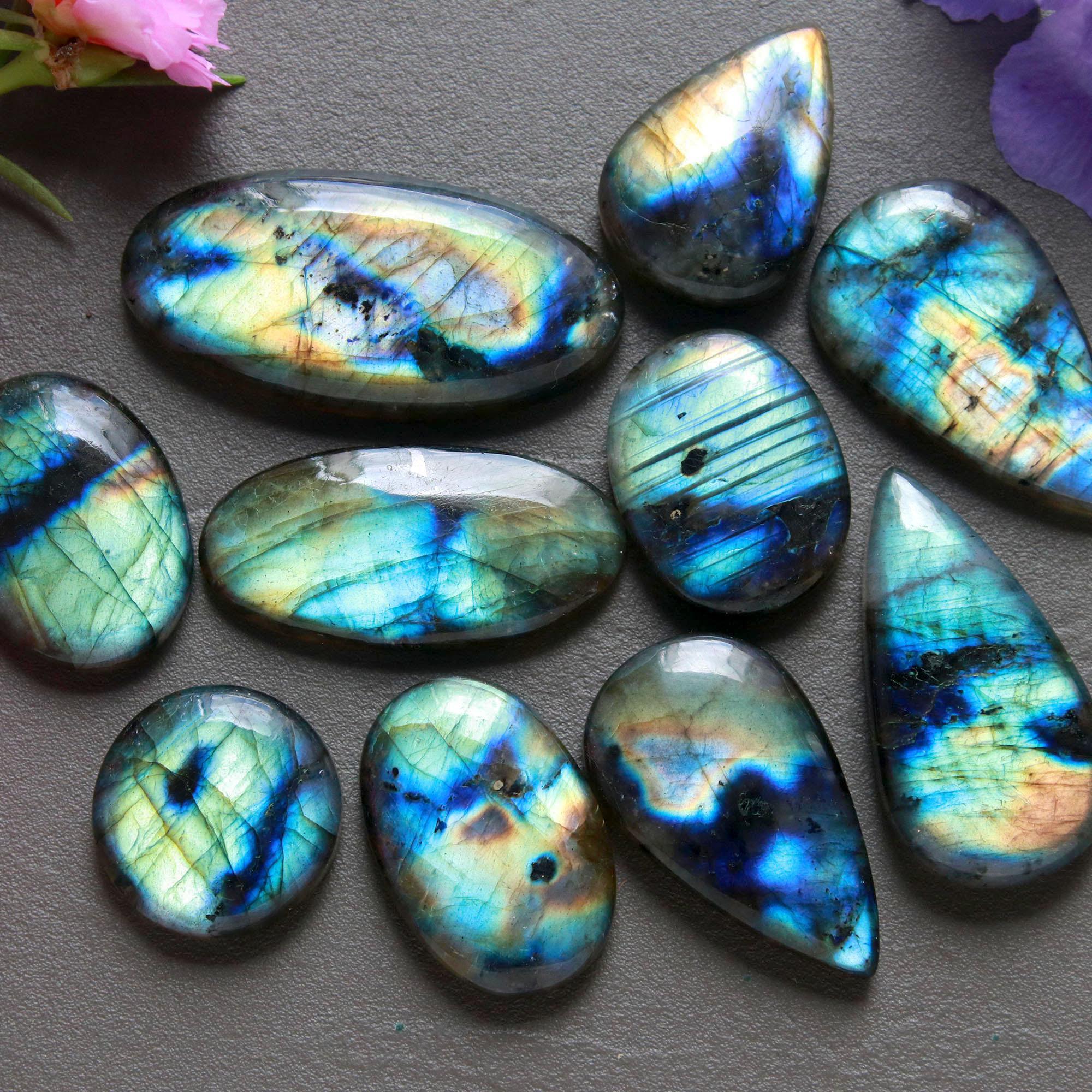 10Pcs 245Ct Natural Labradorite Cabochon Loose Gemstone Lot Mixed Shapes Sizes Healing Crystal For Jewelry Making 38x18 18x18mm 16521